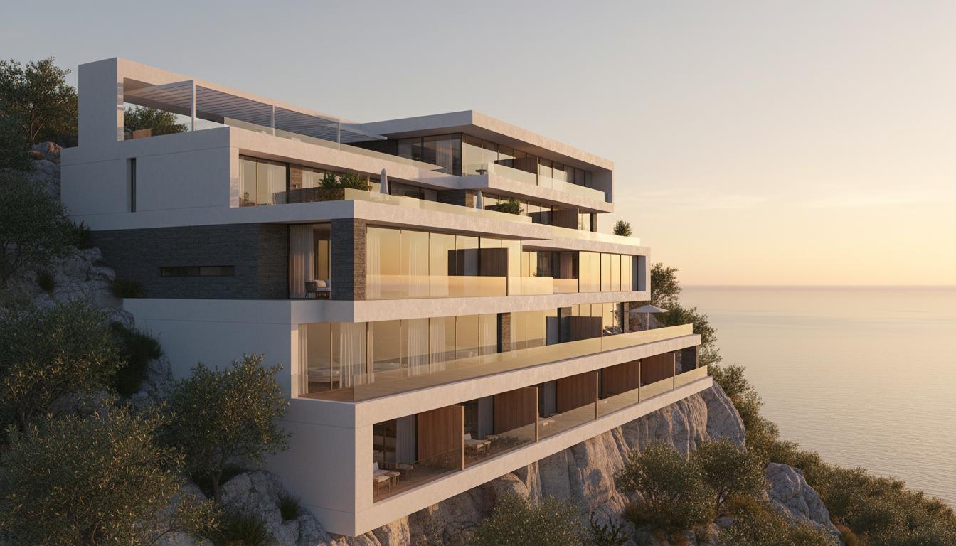 An incredibly lifelike, richly detailed, photorealistic exterior shot of a modern hotel building nestled into a cliffside. The scene is illuminated by the warm, golden hues of a late summer sunset, creating a serene and inviting atmosphere. Captured with a wide-angle lens, emphasizing the building's integration with the natural landscape and highlighting the striking interplay of sharp modern lines against the organic texture of the cliff face.

The hotel presents a striking facade of clean, white concrete and expansive glass panels, artfully integrated with elements of natural wood. The tiered structure descends organically with the hillside, its multiple levels featuring rows of large windows, suggesting comfortable guest rooms with panoramic views. Some windows boast deep balconies that appear to be finished with a light-toned wood, adding a touch of Scandinavian warmth to the otherwise contemporary design. Subtle horizontal bands of a darker material, perhaps a dark wood or stone, define each floor, further enhancing the building's horizontal emphasis.

A portion of the upper structure reveals a more open-air design, with a layered, flat-roof system supported by slender white columns, hinting at rooftop terraces or common areas. These upper levels feature deeper eaves and more complex angular projections, adding a dynamic visual interest. Peeking through some of these upper sections, glimpses