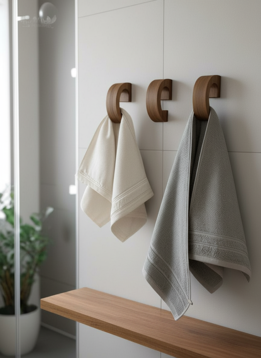 An incredibly lifelike, richly detailed, photorealistic interior photo of a modern bathroom set in a serene winter environment. The scene is illuminated by the soft, diffused light of a January sunrise, creating a calm and cozy atmosphere. Captured with a Canon EOS R5 and a 50mm f/1.2 lens, emphasizing the warm, rich grain of the American walnut towel hooks and the sleek, complementary shelf. The hooks, with their minimalist design and subtly curved form, are a focal point, one in natural walnut and another with a matte black accent, perfectly balancing warmth and modern edge. Beside them, a matching walnut shelf offers a natural counterpoint to the bright, neutral palette of white and soft gray tiles that line the walls and surround the contemporary shower. Neatly folded towels in creamy white and a gentle dove gray hang delicately from the hooks, inviting a sense of spa-like tranquility. the overall design embraces clean lines and a harmonious balance, with the walnut elements adding an understated elegance and functional warmth that feels both luxurious and grounding. The composition focuses on the interplay of textures – the smooth, cool tiles against the organic warmth of the wood and the plush softness of the towels – creating a visually serene and inviting space.