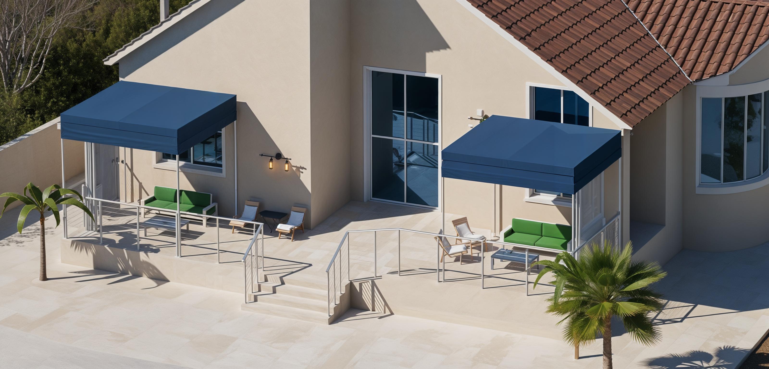 An incredibly lifelike, richly detailed, photorealistic architectural photo of a residential patio area, set in a serene outdoor garden during a clear winter midday. The scene is illuminated by bright, crisp sunlight, casting sharp shadows and creating a tranquil, inviting atmosphere. Captured with a wide-angle lens from a slightly elevated perspective, emphasizing the clean lines of the modern home's facade and the inviting outdoor living spaces. The main structure features a stucco finish in a neutral tone, contrasted by a deep russet tiled roof. A spacious, light-concrete patio is partially shaded by two deep blue fabric awnings supported by simple grey posts. Under the awnings, sleek, minimalist green sofas are arranged, hinting at comfortable lounging. A central set of concrete stairs with modern, cable-railings leads down from the patio, flanked by mature palm trees with vibrant green fronds, suggesting a warm climate despite the winter season. Two classic, light-wood lounge chairs face a small, dark blue rectangular coffee table, evoking a vintage charm. A vintage-style ceiling fixture with exposed Edison bulbs hangs above, adding a touch of nostalgic elegance. The surrounding garden is minimally landscaped, with a focus on the architectural elements and the interplay of light and shadow. Reflections on the large, blue-tint