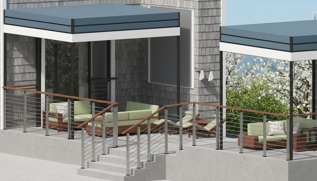 An incredibly lifelike, richly detailed, photorealistic architectural photo of a spring midday scene, focusing on the exterior of a mudroom with a vintage interior design. The scene is illuminated by clear, bright daylight, creating a warm and inviting atmosphere. Captured with a wide-angle lens, emphasizing the clean lines and the interplay of natural and artificial light, the photo highlights the simple, unadorned materials of the mudroom, with a weathered exterior likely consisting of natural wood or painted clapboard, contrasting with the sleek, modern design of outdoor furniture. The focal point is a set of concrete steps leading up to a raised deck area, bordered by a contemporary cable railing system with polished metal supports and dark wood handrails. Beyond the railing, glimpses of light green upholstered outdoor sofas and wooden lounge chairs suggest an extension of the vintage interior design, inviting relaxation. Above, two cantilevered, flat-roofed canopies, finished in a muted blue, provide shade, supported by slender metal columns. The overall impression is one of practical elegance, seamlessly blending indoor comfort with outdoor living, with a subtle nod to a bygone era through its understated color palette and a carefully curated selection of patio furnishings.