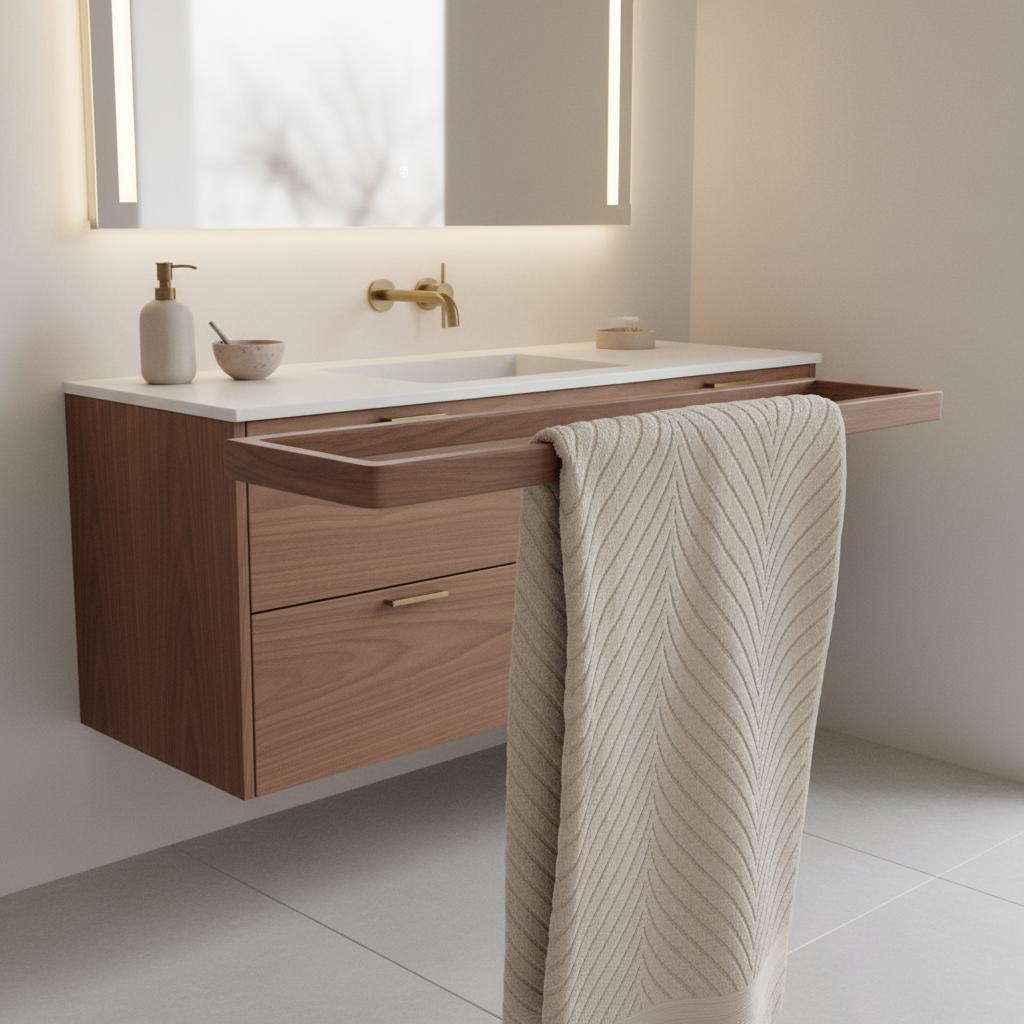 An incredibly lifelike, richly detailed, interior photo of a modern, elegant bathroom set in a cozy, minimalist home. The scene is illuminated by soft, diffused midday winter light filtering in from an unseen window, creating a warm and inviting atmosphere. Captured with a Canon 5D Mark IV and a 50mm f/1.2 lens, emphasizing the warm grain of the American walnut accents and the soft, plush texture of the beige chevron-patterned towel. The new imagined design centers around a sleek, wall-mounted vanity crafted from American walnut, echoing the rich tones of the simple wooden shelf housing a lush, light beige towel with a subtle chevron weave. A large, frameless mirror with a discreet integrated soft LED underlight glows, casting a gentle luminescence that highlights the warm wood details and the minimalist aesthetic. Small, brushed brass drawer pulls offer a touch of refined contrast against the walnut vanity. Adjacent to the vanity, a delicate yet functional American walnut accessory stand holds a smooth, matte ceramic soap dispenser and a small, handcrafted bowl. The walls are a sophisticated, off-white with a subtle matte finish, providing a serene backdrop that allows the natural beauty of the wood to take center stage. The floor is laid with large-format, pale grey porcelain tiles