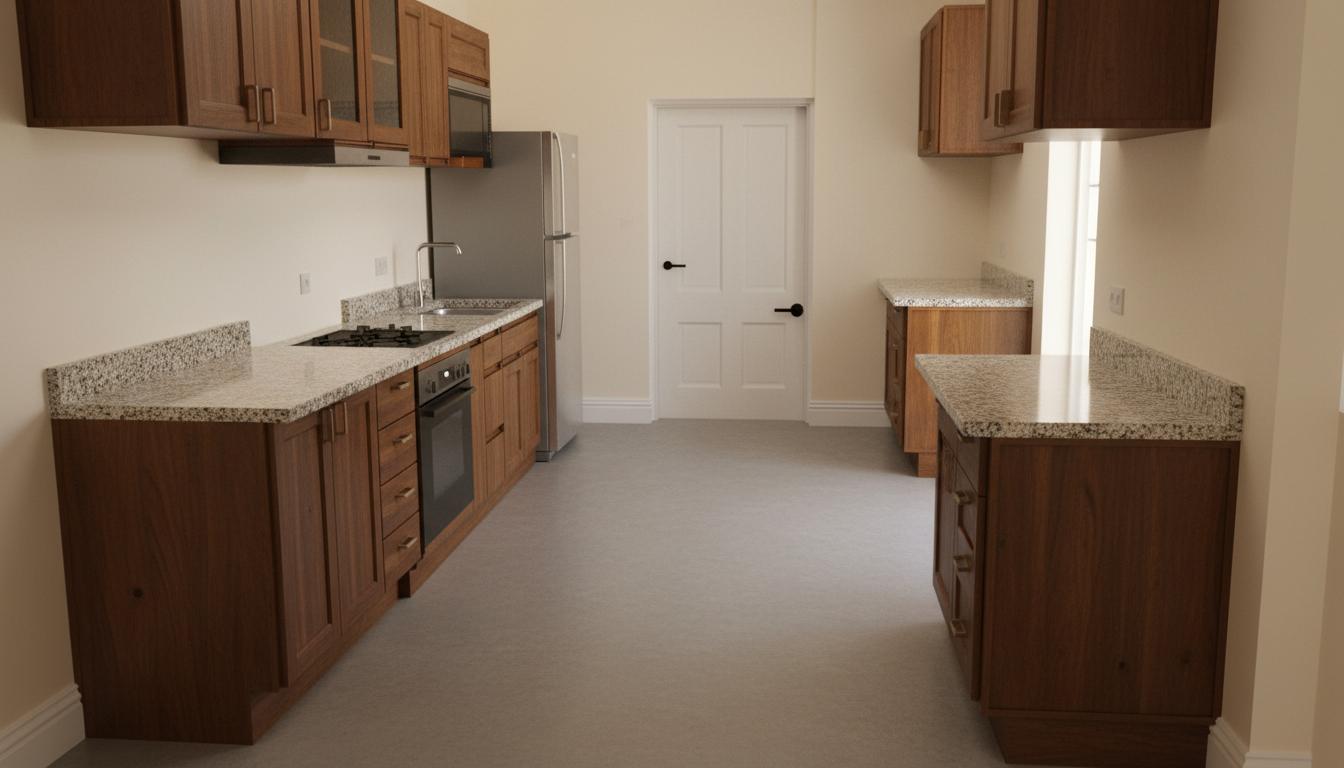 An incredibly lifelike, richly detailed, photorealistic interior photo of a vintage kitchen set in a home setting. The scene is illuminated by soft midday light, creating a warm and inviting atmosphere. Captured with a wide-angle lens, emphasizing the warm tones of the wooden cabinetry and the speckled granite countertops. A large refrigerator stands to the left, adjacent to a sleek stainless steel range and sink, all framed by dark brown upper and lower cabinets. The right side of the kitchen features a matching set of wooden cabinets with a granite countertop, providing ample workspace. A pristine white door is centrally located, hinting at further living spaces within the home. The floor is a smooth, unadorned gray surface, allowing the detailed cabinetry to be the focal point. Trending on Pinterest, this image showcases the timeless appeal of vintage interior design.