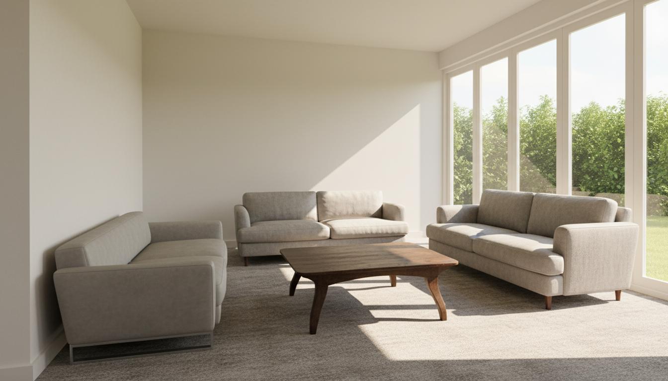 An incredibly lifelike, richly detailed, photorealistic interior photo of a shabby chic living room set in a sun-drenched summer day. The scene is illuminated by bright midday light streaming in from large glass doors, creating a warm and inviting atmosphere. Captured with a wide-angle lens, emphasizing the cozy yet spacious feel, with particular focus on the soft textures of the furniture and the aged character of the wooden coffee table.

The focal point of the room is a comfortable arrangement of sofas and a coffee table. Two plush, light gray sofas are positioned to face each other across a dark wood coffee table. The sofa on the left has a sleek, modern base with a subtle metallic sheen, while the sofa on the right is a more traditional two-cushion design. Both sofas appear upholstered in a soft, textured fabric that hints at wear and tear, fitting the shabby chic aesthetic. The coffee table, with its rich, dark wood finish and gracefully curved legs, exudes a vintage charm. Its surface, though smooth, shows subtle imperfections that add character.

The flooring is a muted, textured carpet in a soft, mottled gray that complements the neutral palette of the furniture. To the right, floor-to-ceiling glass doors reflect the soft light and offer a glimpse