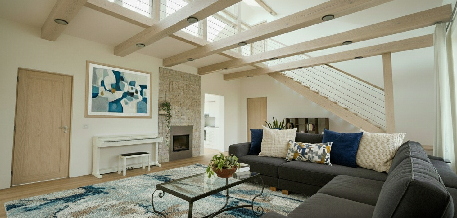 An incredibly lifelike, richly detailed, photorealistic interior photo of a spacious living room set in a contemporary home. The scene is illuminated by soft, diffused natural light streaming in from large windows and through skylights, creating a bright and airy atmosphere with subtle, warm undertones. Captured with a wide-angle lens from a slightly elevated perspective, emphasizing the open-plan layout and the interplay of natural materials and textures. The dominant shabby chic style is evident in the exposed wooden beams with a gently distressed finish crisscrossing the vaulted ceiling, complemented by light-colored stone cladding around a modern fireplace. Wide plank, light oak flooring extends throughout the space, adding to the rustic charm. A dark fabric sectional sofa with plush cushions anchors the seating area, facing a sleek, glass-topped coffee table with an ornate metal base. To the left, a grand piano with a matching bench adds a touch of elegance, while a minimalist dark wood bookshelf stands against the wall near the staircase. The overall impression is one of comfortable sophistication, where modern architectural elements meet the warmth and character of shabby chic design, making it a space that feels both inviting and stylish, trending on Pinterest.