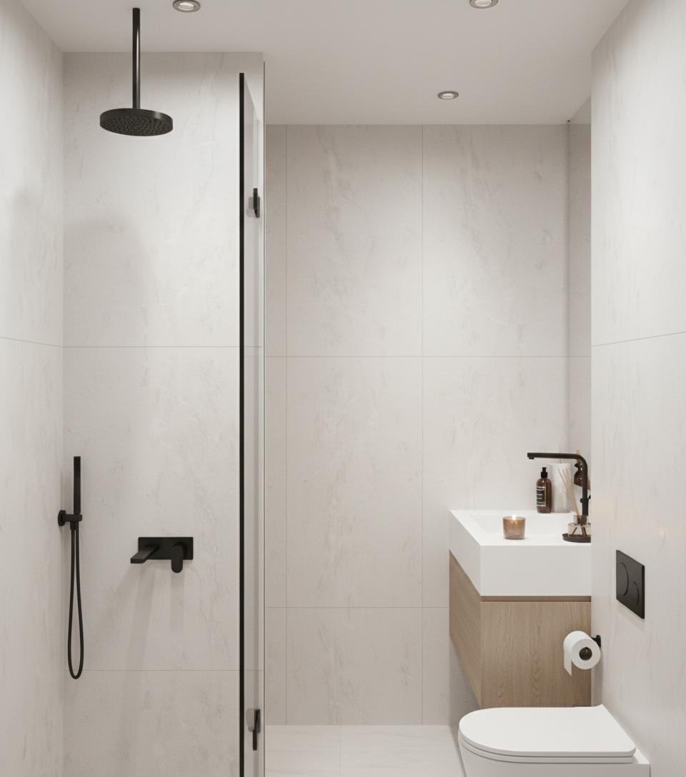 An incredibly lifelike, richly detailed, photorealistic interior photo of a bathroom set in a modern home. The scene is illuminated by subtle, recessed lighting that casts a gentle glow, creating a serene and tranquil atmosphere. Captured with a wide-angle lens, emphasizing the clean lines and minimalist aesthetic, this shot highlights the subtle textures of the large-format, matte white tiles cladding the walls and extending to the floor. The sleek, black shower fixtures and a minimalist glass enclosure anchor the left side of the frame, hinting at a spacious shower area. Opposite, a wall-mounted vanity with a crisp, white countertop floats above a warm, beige base, its smooth finish contrasting with the textured tiles. A modern black faucet graces the sink, complemented by elegant toiletries and a delicate candle. A streamlined toilet with a matte black flush plate completes the composition. The overall impression is one of understated luxury and functional elegance, a space designed for relaxation and rejuvenation.