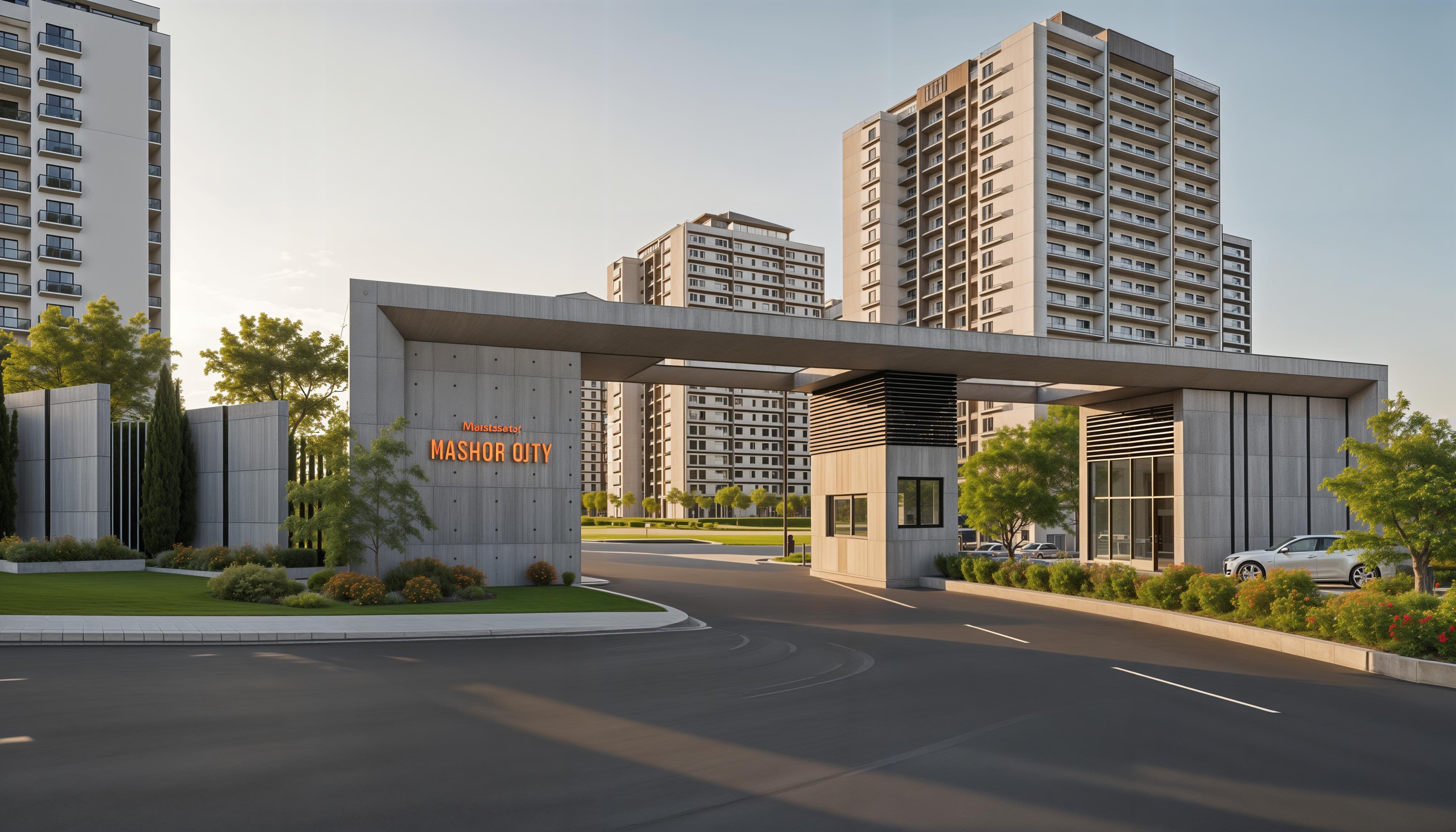 An incredibly lifelike, richly detailed, photorealistic architectural photograph of the main entrance to 'Bashur City' set in a suburban environment. The scene is illuminated by the soft glow of a late afternoon summer sun, casting long, gentle shadows and creating a warm, inviting atmosphere. Captured with a wide-angle lens, emphasizing the imposing scale of the concrete gateway and the modern, high-rise apartment buildings beyond. The rough texture of the exposed concrete is palpable, contrasted with the sleek glass of the security booth and the vibrantly blooming red flowers and lush green trees that frame the entrance. The glowing red "Welcome to Bashur City" sign adds a touch of warmth and dynamism. The asphalt road leading into the complex is clean and well-maintained, with subtle lane markings that invite exploration. In the background, the apartment blocks, with their repetitive balconies and white and grey facades accented by darker brown trim, suggest a well-organized and contemporary residential development. The overall composition is balanced, with the gateway serving as a strong focal point, drawing the viewer's eye deeper into the complex.