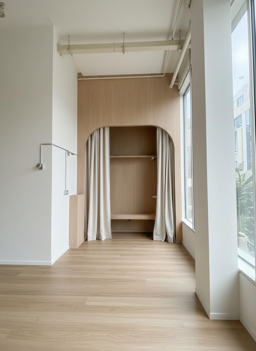 An incredibly lifelike, richly detailed, interior photo of a fitness gym set in a modern urban building. The scene is illuminated by diffuse natural light filtering through large industrial-style windows, creating a bright and airy atmosphere. Captured with a wide-angle lens, emphasizing the clean lines and minimalist aesthetics, with the light brown wood-effect flooring grounding the space. In this reimagined design, a subtle partition wall, constructed with a warm, ash wood veneer, is introduced to create a dedicated changing room. This partition features a graceful, slightly arched opening leading into the space, softened by flowing, off-white linen curtains that can be drawn for privacy. Within the changing room, a simple, built-in ash wood bench offers a place to sit, complemented by a narrow, floating shelf that can serve as a temporary workspace or a spot for belongings. The walls remain a crisp white, maintaining the original's sense of openness, while select areas of exposed industrial piping are painted to match the ceiling, blending seamlessly into the background. The overall effect is one of understated elegance and natural warmth, a serene space designed for functionality and a touch of rustic charm amidst the raw, industrial shell of the gym.
