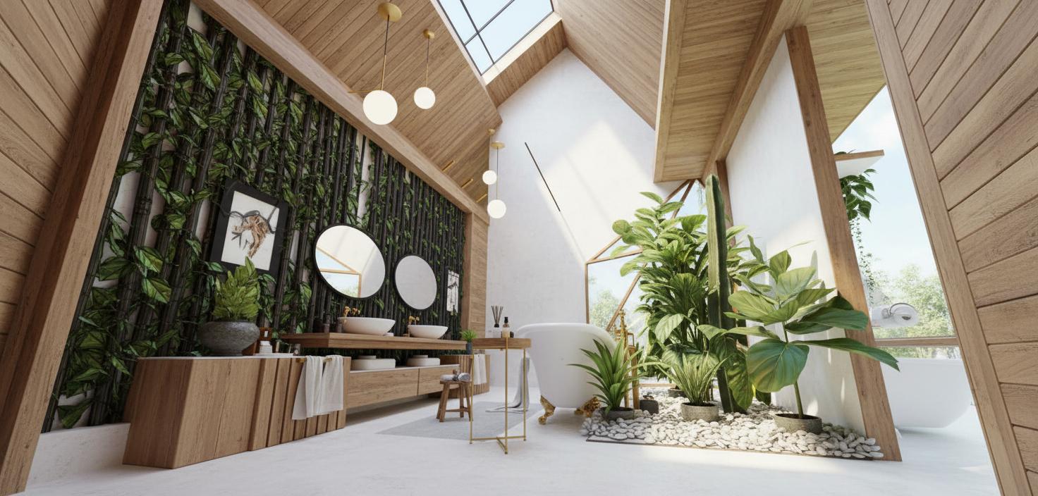 An incredibly lifelike, richly detailed, photorealistic interior photo of a rustic bathroom set in a sun-drenched summer environment. The scene is illuminated by abundant natural light streaming in from strategically placed skylights and large windows, creating a bright and airy atmosphere with a hint of playful warmth. Captured with a wide-angle lens, emphasizing the organic textures of natural wood paneling on the sloping ceilings and angled walls, contrasted with the lush, verdant foliage that cascades down a bamboo-inspired feature wall. The rustic interior design shines through in the claw-foot bathtub with ornate gold legs, the double vanity with natural wood cabinetry, and the collection of potted plants, including a tall cactus, nestled amongst smooth white river stones. Elegant gold-accented pendant lights with frosted glass globes hang from the high ceiling, adding a touch of sophistication. Circular mirrors reflect the serene ambiance. The composition draws the eye across the ample space, showcasing the interplay between the raw, natural materials and the modern fixtures, creating a luxurious yet grounded sanctuary that feels perfectly at home in a trending Pinterest aesthetic.