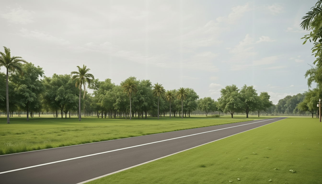 An incredibly lifelike, richly detailed, photorealistic architectural photo of a modern fusion security gatehouse set in a tropical semi-urban environment. The scene is illuminated by the soft, diffused light of an overcast, early morning, creating a serene and welcoming atmosphere. Captured with a wide-angle lens, emphasizing the expansive, low-pitched, flat roof supported by thick, dark wooden beams that extend outwards over covered walkways. The building's facade is a blend of smooth, off-white stucco and textured, dark stone accents, with large, recessed windows and a prominent second-level balcony. The contrasting materials and clean lines speak to a modern aesthetic, updated with hints of tropical vernacular through the structural timber. The flat roof, a departure from the original gable, enhances the contemporary feel while maintaining a sense of shelter. The surrounding landscape features lush, green grass and mature palm trees, hinting at an exclusive resort or residential community, with several cars visible on the paved access road, suggesting a well-maintained and functional entrance.