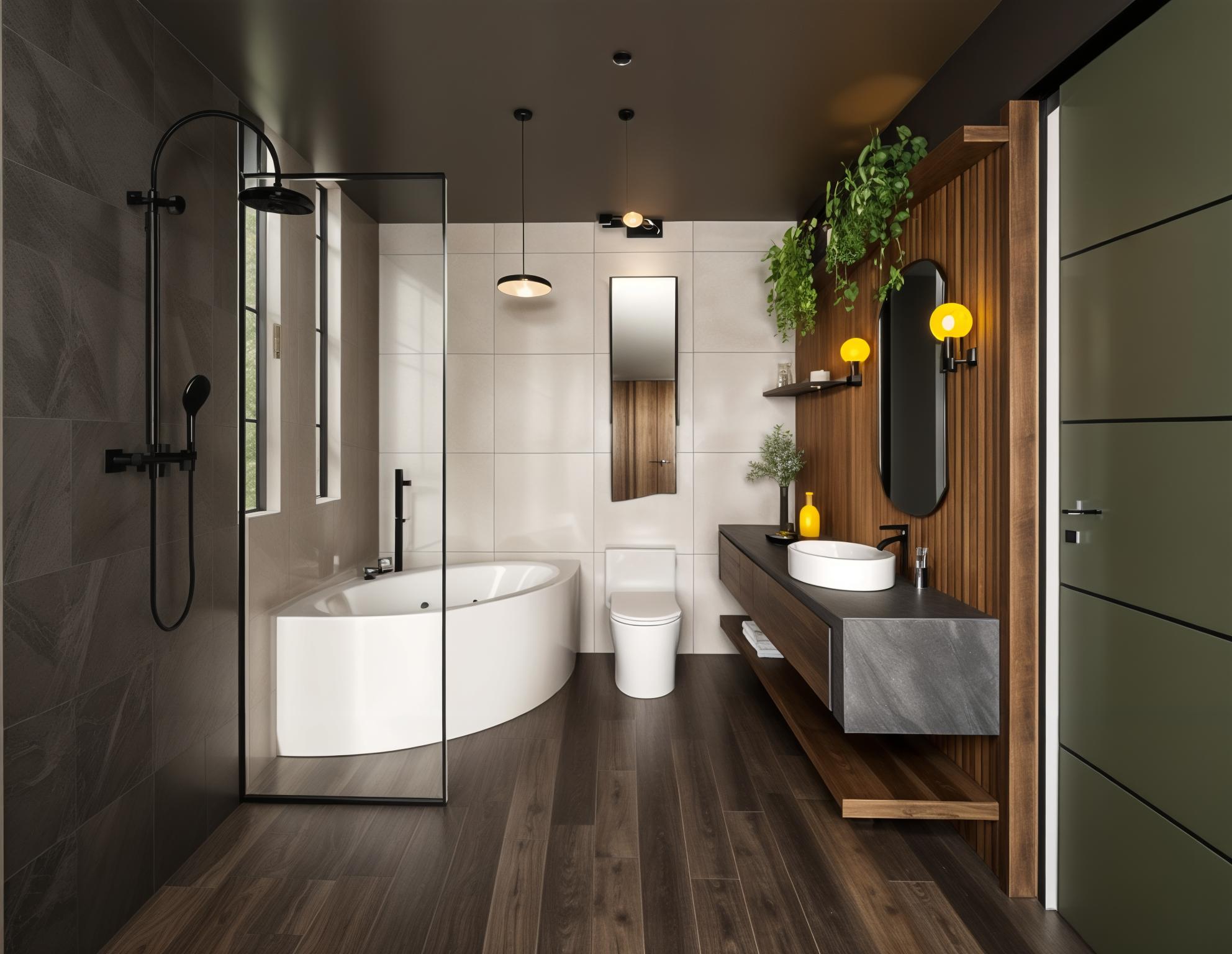 An incredibly lifelike, richly detailed, photorealistic architectural photo of a modern rustic bathroom in a stylish home. The scene is illuminated by soft, diffused light creating a tranquil and inviting atmosphere. Captured with a wide-angle lens, emphasizing the clean lines and thoughtful material choices, this image highlights the textural interplay between the large-format, light grey marble tiles on the walls, the dark, wide-plank wood flooring with a slightly distressed finish, and the smooth, matte grey of the vanity. The focal point of the design is the spacious, freestanding bathtub enclosed by a minimalist glass shower screen and complemented by sleek black fixtures. Adjacent to it, a wall-mounted toilet maintains the room's streamlined aesthetic. The vanity unit, a study in rustic elegance, features a concrete-look countertop supporting a crisp white vessel sink and a dark faucet, all set against a backdrop of vertical wooden slats that add warmth and depth. An organically shaped mirror with a bright yellow accent and two globe-shaped wall sconces provide a touch of contemporary flair, while cascading greenery from a shelf above introduces a natural element. The overall impression is one of understated luxury and comfortable elegance, fitting perfectly with a trending rustic interior design aesthetic.