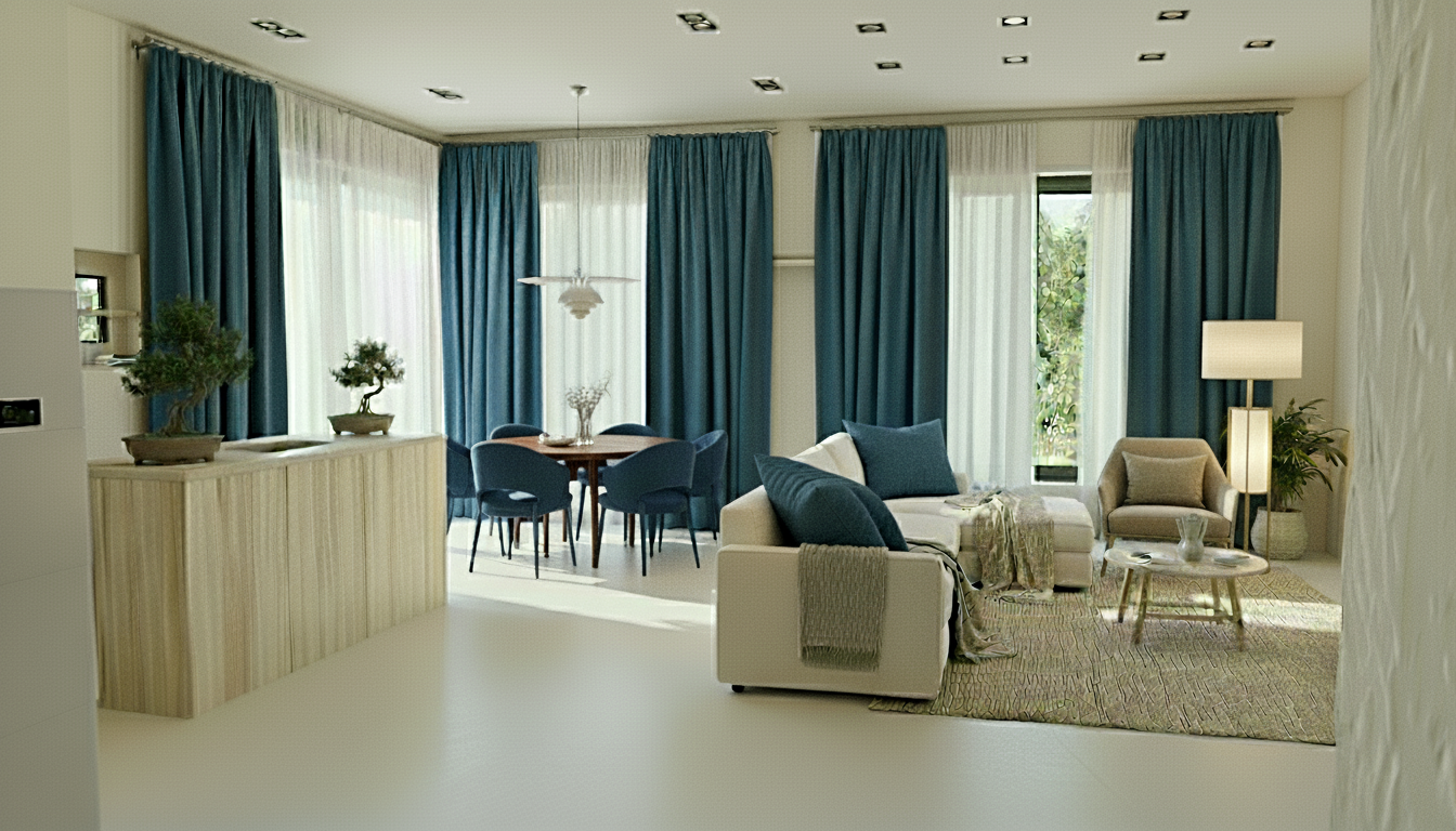 An incredibly lifelike, richly detailed, photorealistic interior photo of a living room set in a coastal environment. The scene is illuminated by bright midday sun streaming through large, dark-framed windows, creating a warm and inviting atmosphere. The style is distinctly shabby chic, with a plush, oversized linen sectional sofa in a soft cream hue, adorned with casually draped throws and mismatched, textured throw pillows in natural earth tones. A round, distressed wooden coffee table with a slightly weathered finish sits atop a large, woven jute rug, its natural fibers adding a touch of rustic charm. On the wall, a framed abstract art piece echoes the muted blues and grays of the sea visible through the expansive windows. The kitchen island, rendered in a light, limewashed oak, features minimalist open shelving displaying ceramic vases and a few strategically placed books. The dining area, adjacent to the kitchen and bathed in natural light, features a simple, unpainted wooden table surrounded by four charming, mismatched vintage chairs with cushioned seats. The overall impression is one of effortless elegance, comfort, and a deep connection to the surrounding seascape, making it a perfect, tranquil retreat trending on Pinterest.