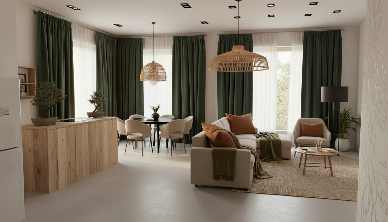 An incredibly lifelike, richly detailed, photorealistic interior photo of a living room set in a modern apartment. The scene is illuminated by a warm, late afternoon sun filtering through large windows, creating a cozy yet airy atmosphere. Captured with a shallow depth of field, emphasizing the textures of natural materials and the soft glow of ambient light. In this reimagined shabby chic living room, the heavy teal curtains have been replaced with flowing, floor-to-ceiling drapes in a deep forest green, their velvet texture inviting to the touch and adding a touch of rustic elegance. The stark, modern pendant light above the dining area has been swapped for a more organic, woven pendant, casting dappled shadows reminiscent of dappled sunlight through leaves. The minimalist floor lamp beside the armchair is now a sleeker, matte black design with a simple linen shade, eschewing any gold accents for a cleaner, more understated feel. The current beige tones of the sofa and armchair remain, but are now layered with throws and pillows in richer, earthier hues like burnt sienna and moss green, their fabrics subtly distressed to enhance the shabby chic aesthetic. The light wood island in the kitchen area now features a reclaimed wood countertop, its surface bearing the subtle marks of time. The floor, a smooth,