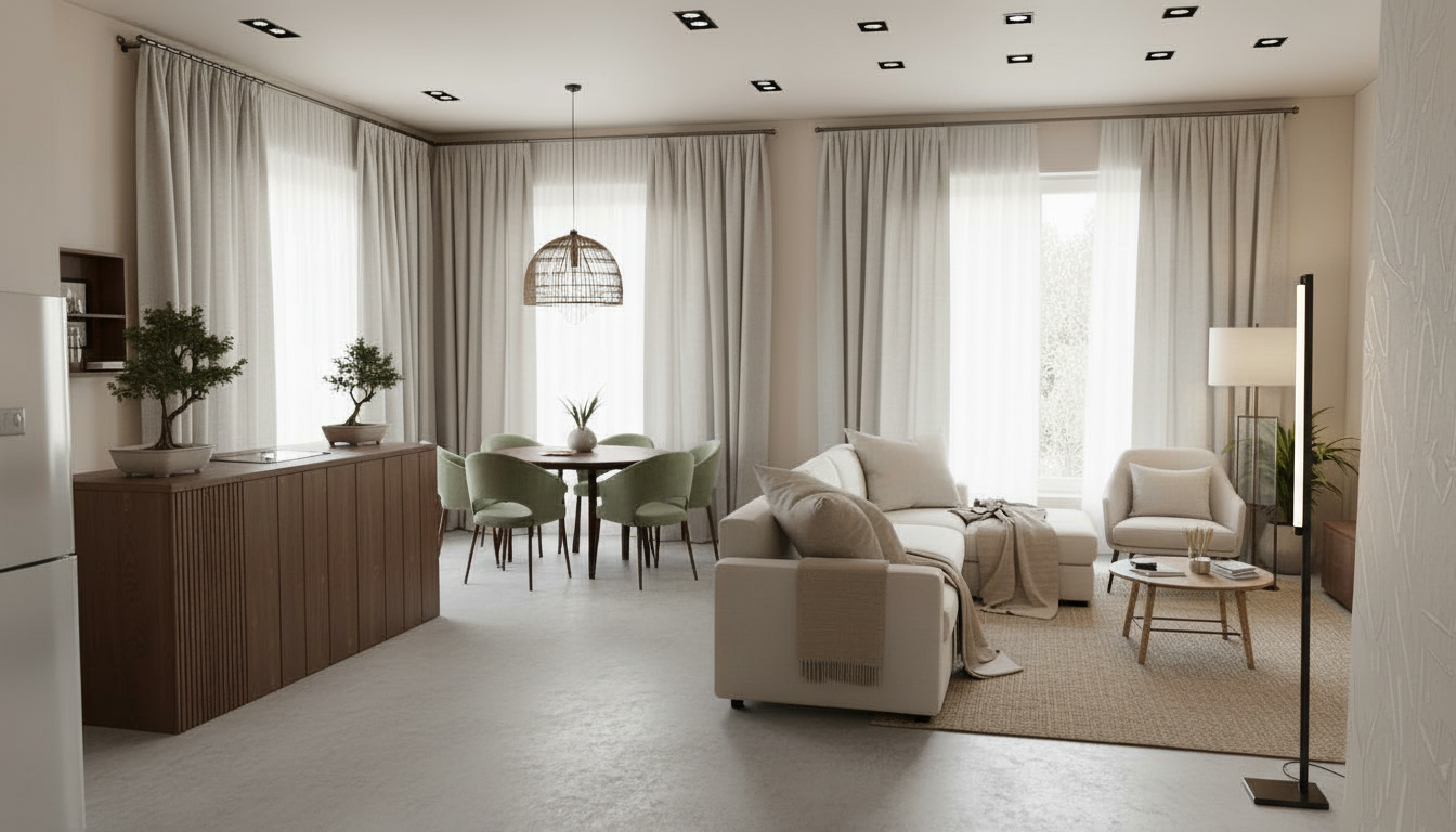 An incredibly lifelike, richly detailed, photorealistic interior photo of a living and dining area set in a modern apartment bathed in soft midday light, creating a serene and sophisticated atmosphere. Captured with a wide-angle lens, emphasizing the seamless blend of natural wood textures, muted earth tones, and minimalist Japanese-inspired design elements. The space exudes a tranquil Shabby Chic essence through its subtly distressed wood finishes and natural fiber textures.

In this reimagined design, the dominant aesthetic shifts towards a harmonious Japandi style with subtle nods to Zen principles. The existing light grey flooring remains, providing a grounding, minimalist base. The warm, vertical-slatted wooden island is replaced with a sleeker, matte-finished dark wood that subtly incorporates Shoji-inspired paneling for visual interest. The deep olive green curtains are swapped for sheer, natural linen drapes in a soft off-white, allowing diffused sunlight to flood the space, enhancing the midday ambiance.

The dining area features a low-profile, dark walnut table with gracefully curved legs, complemented by four elegantly simple upholstered chairs in a muted sage green velvet. Above, the woven pendant light is exchanged for a delicate, blown-glass pendant with a subtle ripple effect, casting soft, dappled light. The living area'