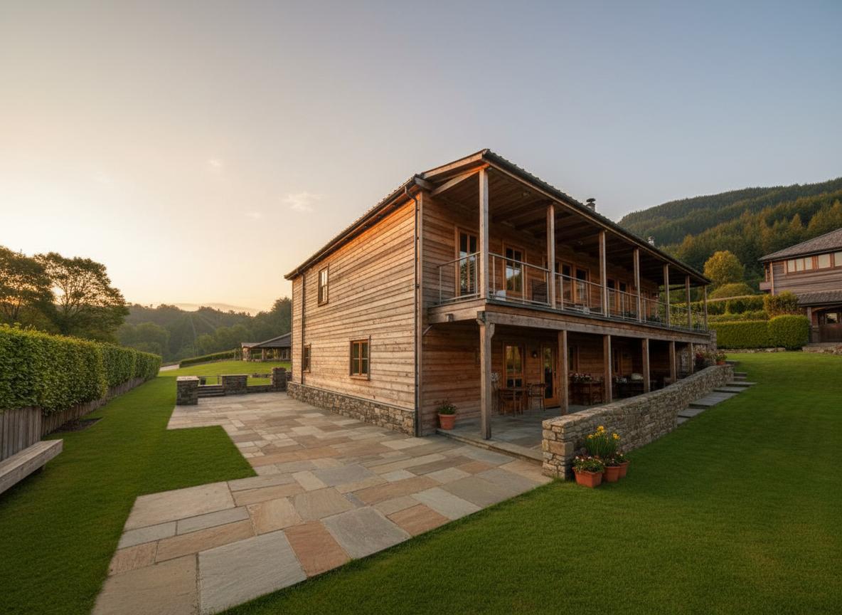 An incredibly lifelike, richly detailed, photorealistic architectural photo of a rustic wooden lodge exterior set in a rolling, verdant landscape at sunset. The scene is illuminated by the warm, golden rays of the setting sun, casting long shadows and creating a serene, inviting atmosphere. Captured with a wide-angle lens, emphasizing the textured, horizontal wooden planks of the building's facade and the rough-hewn stonework of its foundation, as well as the expansive, multi-level patio area paved with irregular flagstones that seamlessly blend into the surrounding mown lawn. The building itself, with its prominent covered balconies and exposed wooden beams, evokes a sense of robust, timeless craftsmanship. Beyond the immediate property, a dense forest-covered hillside rises, adding a dramatic backdrop to the tranquil scene. The building's exterior features multiple windows, some glowing with warm interior light, hinting at the rustic interior design within. A stone wall with planters follows the contour of the lawn, gently guiding the eye towards the house and suggesting a harmonious integration with the natural environment.