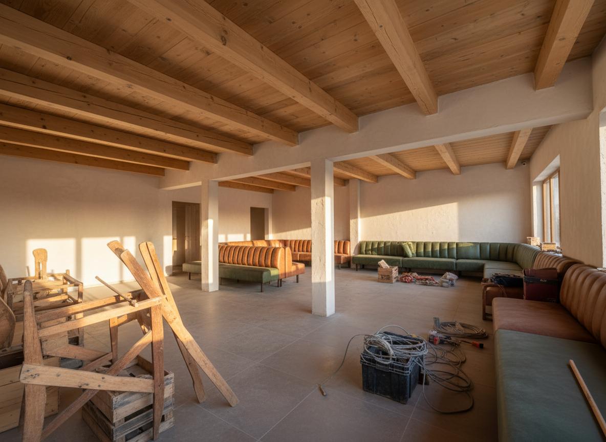 An incredibly lifelike, richly detailed interior photograph of a spacious restaurant under construction, set in a rural environment. The scene is illuminated by the soft glow of late afternoon sunlight streaming through large windows, creating a warm, inviting, and slightly melancholic atmosphere. Captured with a wide-angle lens, emphasizing raw, unfinished textures and the structural beauty of exposed wood and concrete.

This reimagined design embraces a modern rustic aesthetic, transforming the current raw state into a characterful and sophisticated dining destination trending on Pinterest. The raw concrete walls would be softened with a limewash finish in a creamy off-white, creating a subtle texture and depth, reminiscent of aged plaster. The extensive exposed wooden beams and joists of the ceiling would be meticulously cleaned, sanded, and lightly stained with a warm, honey-toned oil to enhance their natural grain and provide a rich, organic feel. The floor, currently dirt and rubble, would be transformed into a seamless expanse of honed, large-format concrete tiles in a warm grey, offering durability and a grounding visual element.

The furniture selection would be a curated mix of vintage and contemporary pieces. Imagine deep, comfortable banquettes upholstered in rich, distressed leather in shades of saddle brown and forest green, arranged along the limewashed walls.