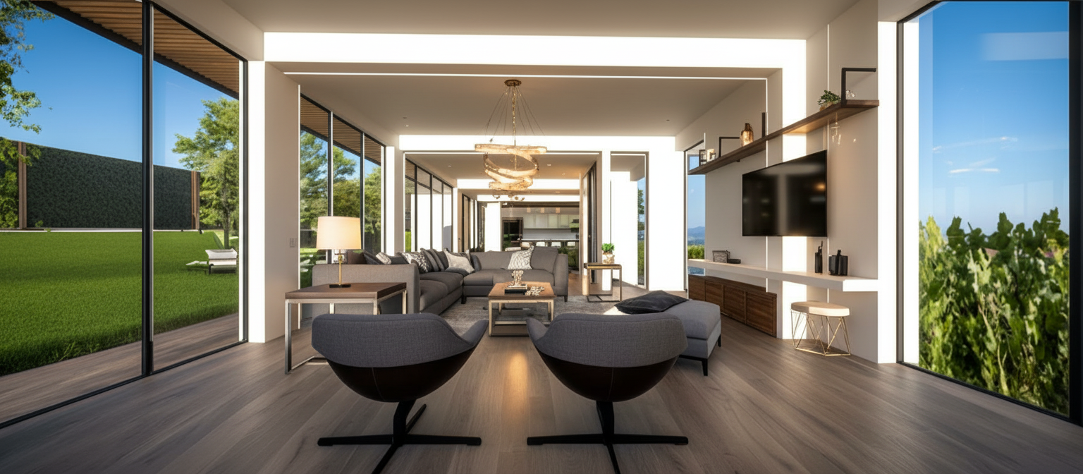 An incredibly lifelike, richly detailed, photorealistic architectural photo of a spacious, open-plan living room with a rustic interior design, set within a modern home seamlessly integrated with its lush, green surroundings. The scene is illuminated by the soft, natural light of a bright, clear day, creating a warm and inviting atmosphere. Captured with a wide-angle lens, emphasizing the expansive feel and the interplay of natural textures. The composition highlights the floor-to-ceiling glass walls that flood the space with daylight and offer unobstructed views of a meticulously manicured garden and dense foliage. Dark, wide-plank wooden flooring with a subtle grain texture grounds the room, its slightly weathered appearance lending a rustic charm. The living area features a large, modular grey sofa adorned with patterned throw pillows, arranged around a low-profile coffee table. In the foreground, two contemporary armchairs with dark upholstery and swivel bases offer a sleek contrast. A modern chandelier with interwoven metallic rings hovers above, adding a touch of sophisticated drama, while a minimalist entertainment unit with floating shelves and a large flat-screen TV anchors one wall. Beyond, a glimpse into a well-appointed kitchen with marble countertops and sleek cabinetry hints at the home's overall luxurious yet grounded aesthetic. Elements like the subtle shadows cast