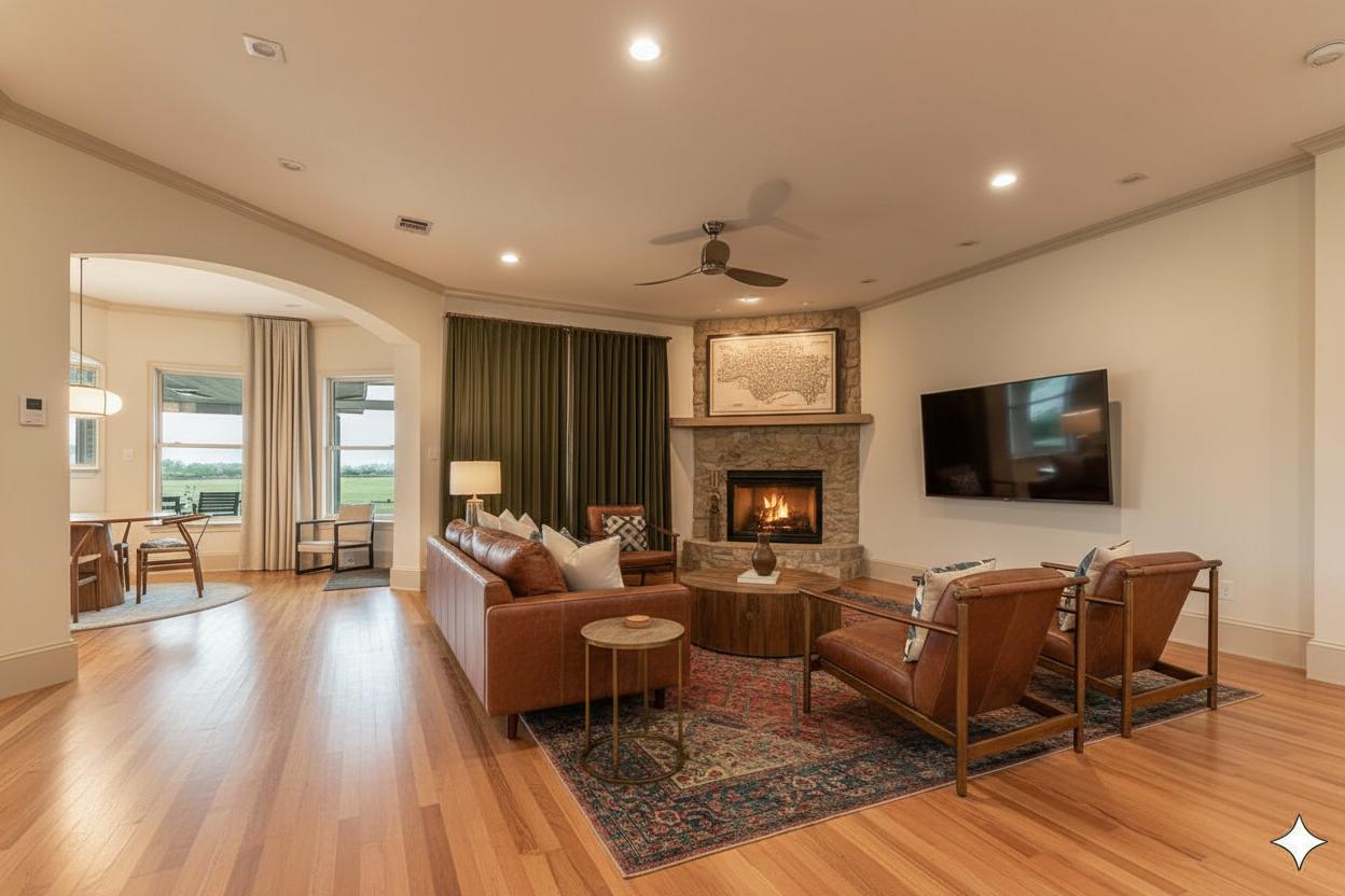 An incredibly lifelike, richly detailed interior photo of a vintage living room set in a modern home with a subtle connection to the outdoors. The scene is illuminated by a soft, warm afternoon light filtering through sheer curtains and from the flickering fireplace, creating a cozy and inviting atmosphere. Captured with a wide-angle lens, emphasizing the warm tones of the wood flooring and the textured stone fireplace, the design embraces a vintage aesthetic with a contemporary twist. The original bright pink curtains have been replaced with floor-to-ceiling drapery in a deep, earthy olive green velvet, instantly grounding the space. The gray sofa is now a luxurious, distressed leather in a rich cognac hue, complemented by two matching leather armchairs. The abstract art above the fireplace is swapped for a framed antique map of the local region, hinting at the home's history. The coffee table is a reclaimed wood piece with subtle carvings, and the geometric rug is replaced by a vintage Persian rug with muted jewel tones. Brass accents, like the small side table and lamp base, add a touch of vintage glamour. The ceiling fan remains, a nod to modern comfort, but its stark whiteness is softened by a slightly darker, brushed nickel finish. The overall impression is one of sophisticated comfort, where the warmth of vintage