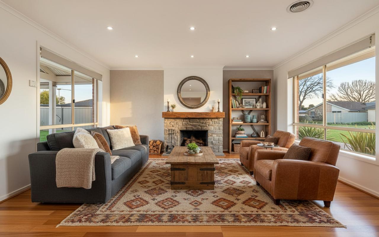 An incredibly lifelike, richly detailed, photorealistic interior photo of a rustic living room set in a suburban home, bathed in the warm glow of late afternoon sun. The scene is illuminated by the soft, diffused light streaming through large bay windows, creating a cozy and inviting atmosphere. Captured with a wide-angle lens, emphasizing the natural textures of wood and stone, this rustic interior design reimagines the original stark space. The polished wooden floor remains, but a large, hand-knotted wool rug with a Moroccan geometric pattern in earthy tones of terracotta, cream, and deep ochre is layered over it, grounding the seating area. Against the crisp white walls, which have been subtly textured with a limewash finish in a soft, mushroom hue, sits a deep, comfortable sofa upholstered in a charcoal grey linen, piled high with plump cushions in various faux furs and a chunky knit throw. Opposite the sofa, a substantial, reclaimed wood coffee table, its surface bearing the marks of time and use, anchors a cluster of mismatched, yet harmonious, vintage leather armchairs. A substantial, rough-hewn stone fireplace has been introduced on the longest wall, its hearth laden with neatly stacked logs, ready for a winter's fire. A rustic wooden shelving unit displays an eclectic