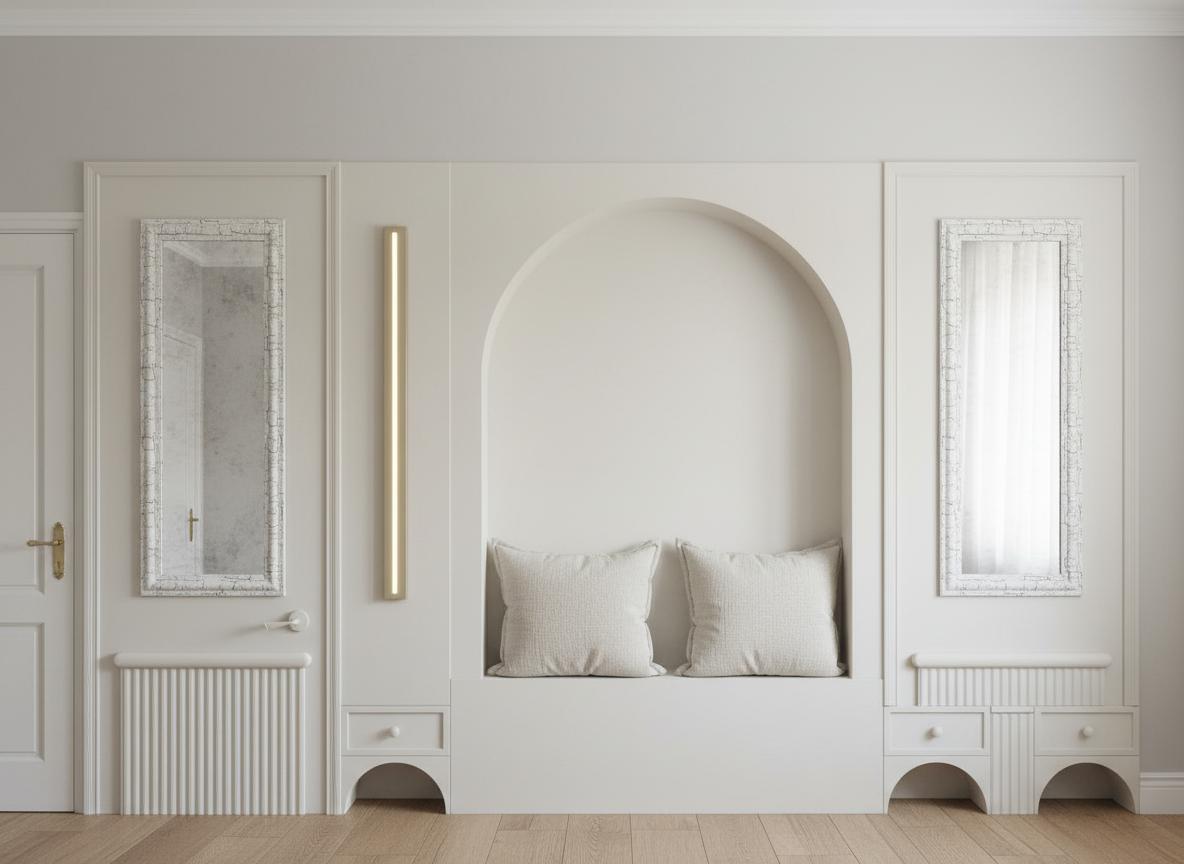 An incredibly lifelike, richly detailed, photorealistic interior photo of a bedroom with a shabby chic design, trending on Pinterest. The scene is illuminated by soft, diffused natural light filtering in from an unseen source, creating a serene and inviting atmosphere, with subtle shadows adding depth and dimension. Captured with a wide-angle lens from a slightly low vantage point, the composition emphasizes the elegant symmetry of the room. Dominating the center is a grand arched alcove, which appears to be the headboard area for a bed, softened by two plush, down-filled pillows. Flanking this central feature are tall, rectangular mirrors in ornately detailed, slightly distressed white frames. Below each mirror, a section of ribbed radiator or decorative paneling adds a textural contrast, with small, half-moon shaped cabinets or drawers positioned further down. A tall, slender accent light, rendered in a muted yellow hue, stands vertically between the left mirror and the arched alcove, providing a subtle pop of color. The overall impression is one of vintage charm and comfort, with clean lines softened by hints of age and a curated, uncluttered aesthetic.