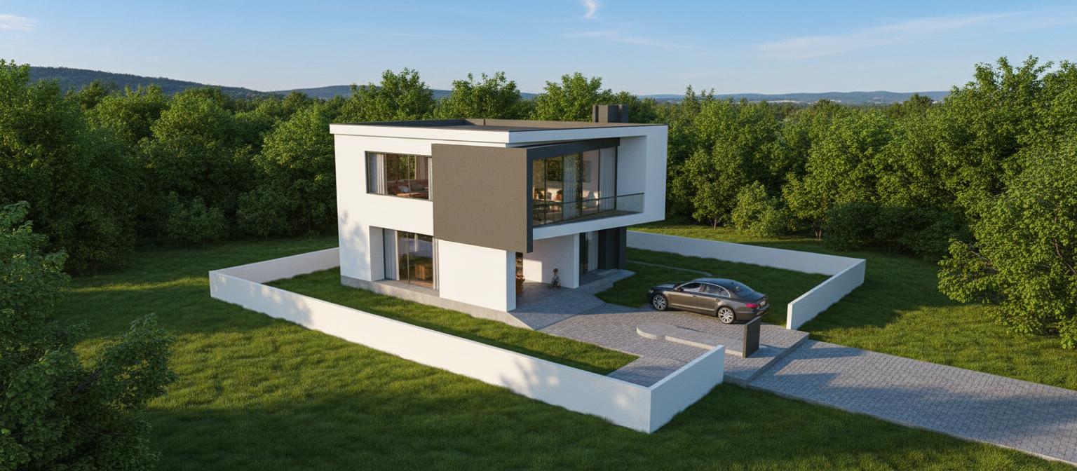 An incredibly lifelike, richly detailed, photorealistic aerial view of a modern geometric house, meticulously rendered to showcase its clean white facade accented by a striking cantilevered grey volume. Warm, natural light bathes the scene, suggesting a late afternoon on a clear day, casting soft shadows that define the sharp edges of the architecture. The surrounding landscape features neatly manicured green lawns and a textured grey paver driveway, hinting at a suburban setting. A perimeter wall, rendered in a bright, clean finish, encircles the property, its luminescence drawing the eye. Within the main structure, glimpses into a spacious living room reveal hints of rustic charm, with earthy tones and natural materials that contrast elegantly with the building's contemporary form. A family car is discreetly parked, adding a sense of lived-in reality to the otherwise pristine presentation. The composition, captured with a wide-angle lens, emphasizes the building's integration within its plot, highlighting its minimalist aesthetic and the interplay of volumes against the soft sky.