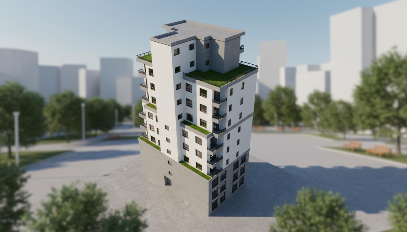 An incredibly lifelike, richly detailed, photorealistic aerial shot of a modern apartment building set in a studio environment. The scene is illuminated by soft, diffused midday summer light, creating a sense of calm and openness. Captured with a wide-angle lens to showcase the building's form and proportions, the rendering emphasizes the contrasting textures of smooth, off-white panels, matte grey concrete, and vibrant green grass on the rooftop terraces. The building's design features a strong verticality with staggered balconies on one side, offering glimpses into the chic, slightly shabby interiors through dark-framed windows that reflect the subdued studio backdrop. The balconies, delineated by simple black railings, are adorned with small patches of lush, well-maintained grass, evoking a sense of urban oasis. The composition highlights the building's asymmetrical massing and the clean lines of its contemporary architectural style, with subtle shadows cast by the structure hinting at the time of day and the surrounding, unrendered space. The shallow depth of field subtly blurs the edges of the scene, drawing immediate attention to the intricate details of the building’s facade and its thoughtfully integrated green spaces, projecting a sophisticated yet approachable aesthetic that would undoubtedly trend on platforms like Pinterest.