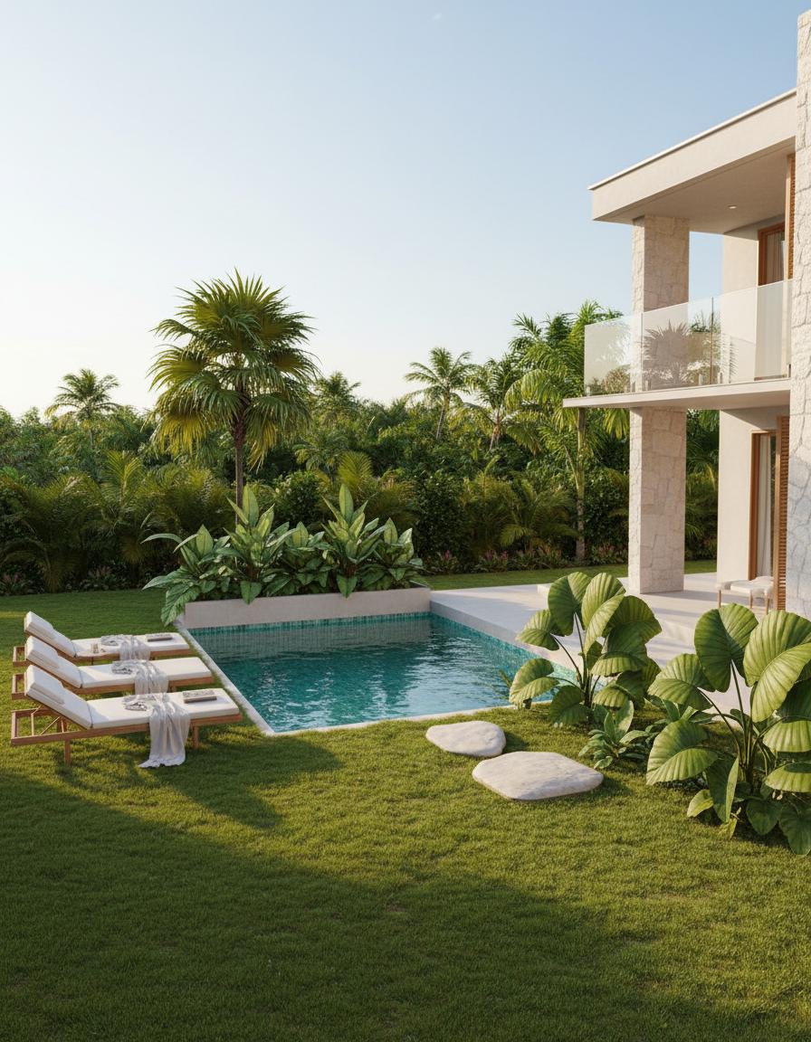 An incredibly lifelike, richly detailed, photorealistic exterior garden shot of a modern villa's poolside area, set within a lush, expansive green lawn that evokes a serene, private oasis. The scene is illuminated by the warm, gentle glow of late afternoon sun, casting long, soft shadows that create a tranquil and inviting atmosphere. Captured with a wide-angle lens, emphasizing the seamless integration of the architectural elements with the vibrant natural surroundings. The clean lines of the contemporary building, clad in textured, pale stone and accented with natural wood louvers, contrast beautifully with the organic forms of the abundant tropical foliage and the majestic palm tree. The rectilinear swimming pool, lined with shimmering turquoise tiles, reflects the clear, pale blue sky, while tiered lounge chairs invite relaxation. The overall aesthetic leans towards a sophisticated, yet relaxed "shabby chic" outdoor living space, suggesting an environment of understated luxury and comfortable elegance.
