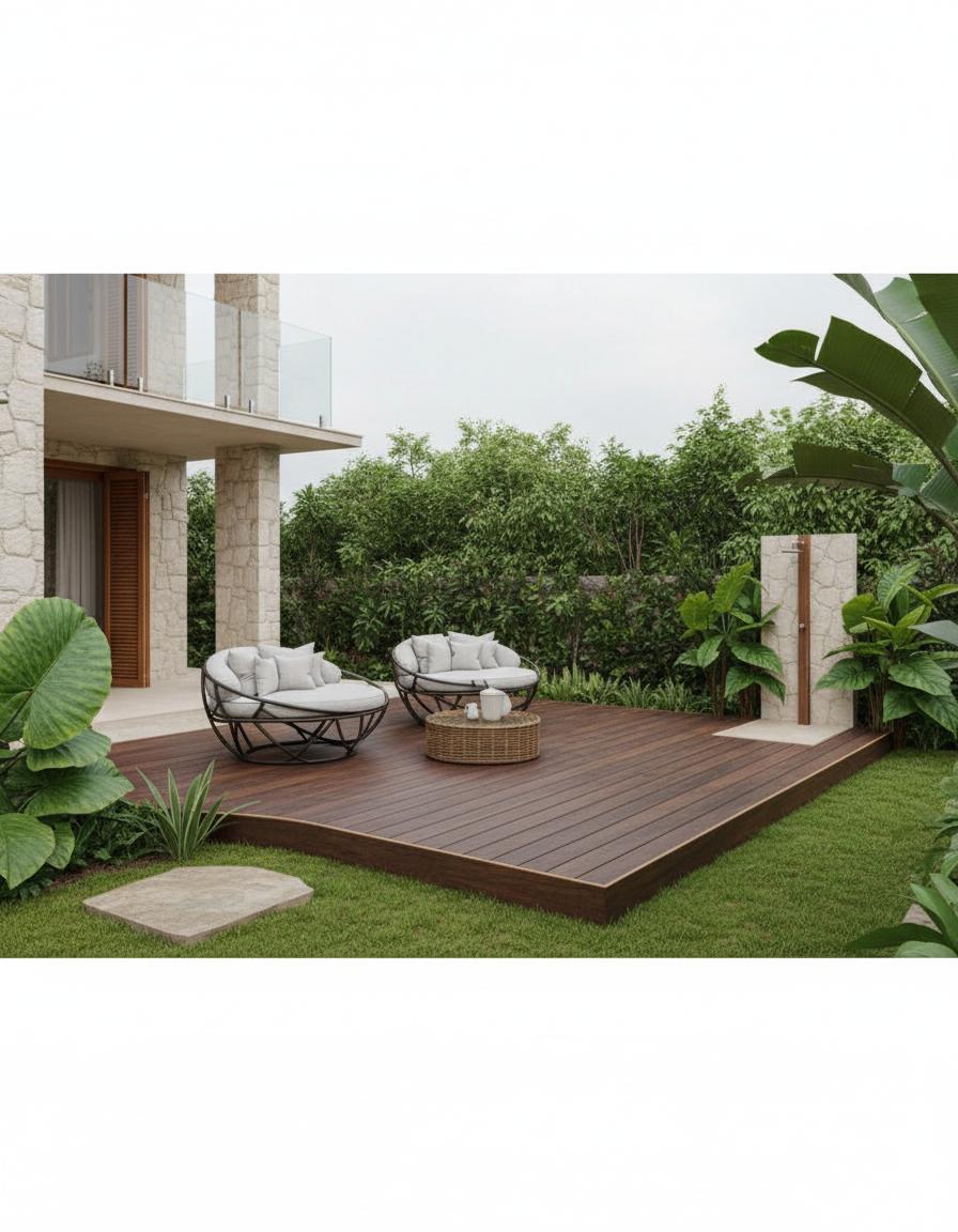 An incredibly lifelike, richly detailed, photorealistic architectural photo of an outdoor garden scene set in a lush, secluded garden. The scene is illuminated by soft, diffused daylight, creating a serene and inviting atmosphere. Captured with a wide-angle lens, emphasizing the organic textures of the stone facade of the building and the weathered wood of the deck. The composition draws the eye across the scene, from the vibrant green foliage to the charming outdoor seating area. Two plush, overstuffed chairs with light grey cushions, resembling a shabby chic aesthetic, are arranged around a woven wicker coffee table, suggesting a relaxed and comfortable space. Large, tropical plants with broad, verdant leaves flank the scene, adding a touch of natural opulence. A modern outdoor shower, clad in stone and featuring a wooden accent, stands as a minimalist feature against the backdrop of the greenery. The deck, a rich, deep brown, appears weathered and inviting, its edges subtly lined with a lighter wood trim. Beyond the deck, meticulously manicured green grass extends outwards, hinting at a larger, well-tended garden. The building itself, a two-story structure, features an external cladding of textured, light-colored stone, accented by warm wooden louvre doors and a sleek glass balcony railing, all