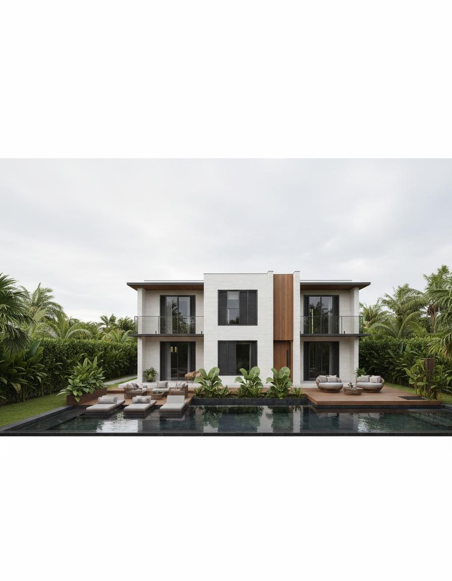 An incredibly lifelike, richly detailed, photorealistic architectural photo of a modern villa nestled within lush greenery, set in a serene garden environment. The scene is illuminated by a soft, overcast daytime sky, creating a diffused, gentle light that highlights the textures of the building and its surroundings, fostering a tranquil and inviting atmosphere. Captured with a wide-angle lens, this image emphasizes the clean lines of the two-story structure, its white stone facade contrasting beautifully with warm wooden accents and louvred shutters. The foreground reveals a chic outdoor living space with rich, weathered wooden decking, complete with comfortable, plush seating and a low-slung table, suggesting a relaxed, shabby chic aesthetic. A sleek, dark-tiled infinity pool with submerged loungers adds a touch of modern luxury, reflecting the overcast sky. Lush tropical foliage, including broad-leafed plants and a majestic palm tree, frames the house, softening its contemporary edges and grounding it in its natural setting. The composition draws the eye from the inviting garden and pool area towards the elegant facade, with its symmetrical arrangement of glass doors and balconies, hinting at a bright and airy interior. The overall impression is one of sophisticated, understated tropical living, where modern design seamlessly integrates with a tranquil, verdant landscape.