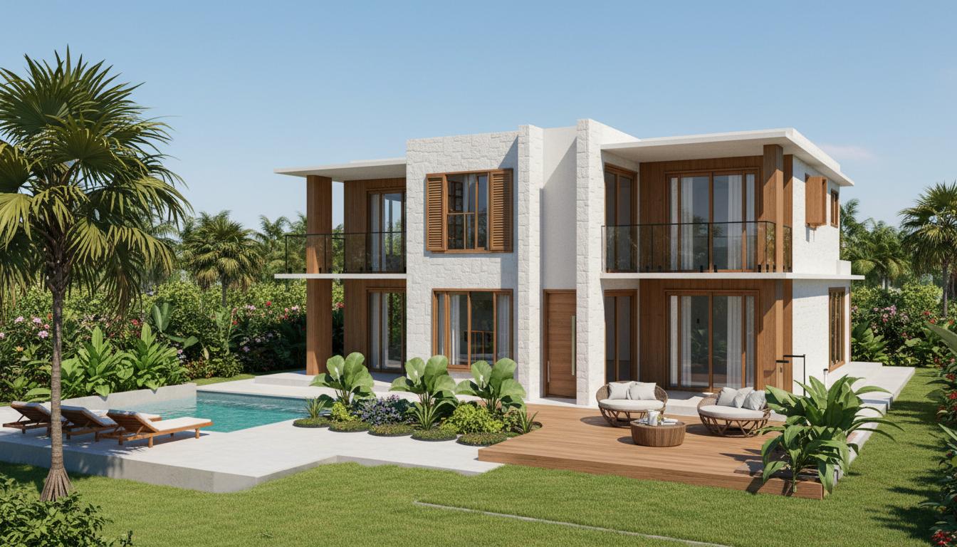 An incredibly lifelike, richly detailed, photorealistic exterior shot of a modern two-story house set in a lush summer garden. The scene is illuminated by bright midday sun, creating sharp shadows that emphasize the architectural forms and casting a warm, inviting atmosphere. Captured with a wide-angle lens, emphasizing the interplay between the building materials and lush greenery, the composition showcases a facade of white textured stone and warm wooden accents, punctuated by large glass sliding doors and windows framed by rich brown wood. Wooden shutters add a touch of rustic charm. To the left, a small, serene pool is nestled beside manicured grass, with two elegant lounge chairs awaiting relaxation. A majestic palm tree sways gently, its fronds casting dappled shade over the scene, while dense, vibrant green foliage surrounds the pool and deck. The wooden deck itself is adorned with contemporary outdoor seating, inviting one to enjoy the tranquil surroundings. The overall impression is one of sophisticated, relaxed living, a perfect blend of modern design and natural beauty.