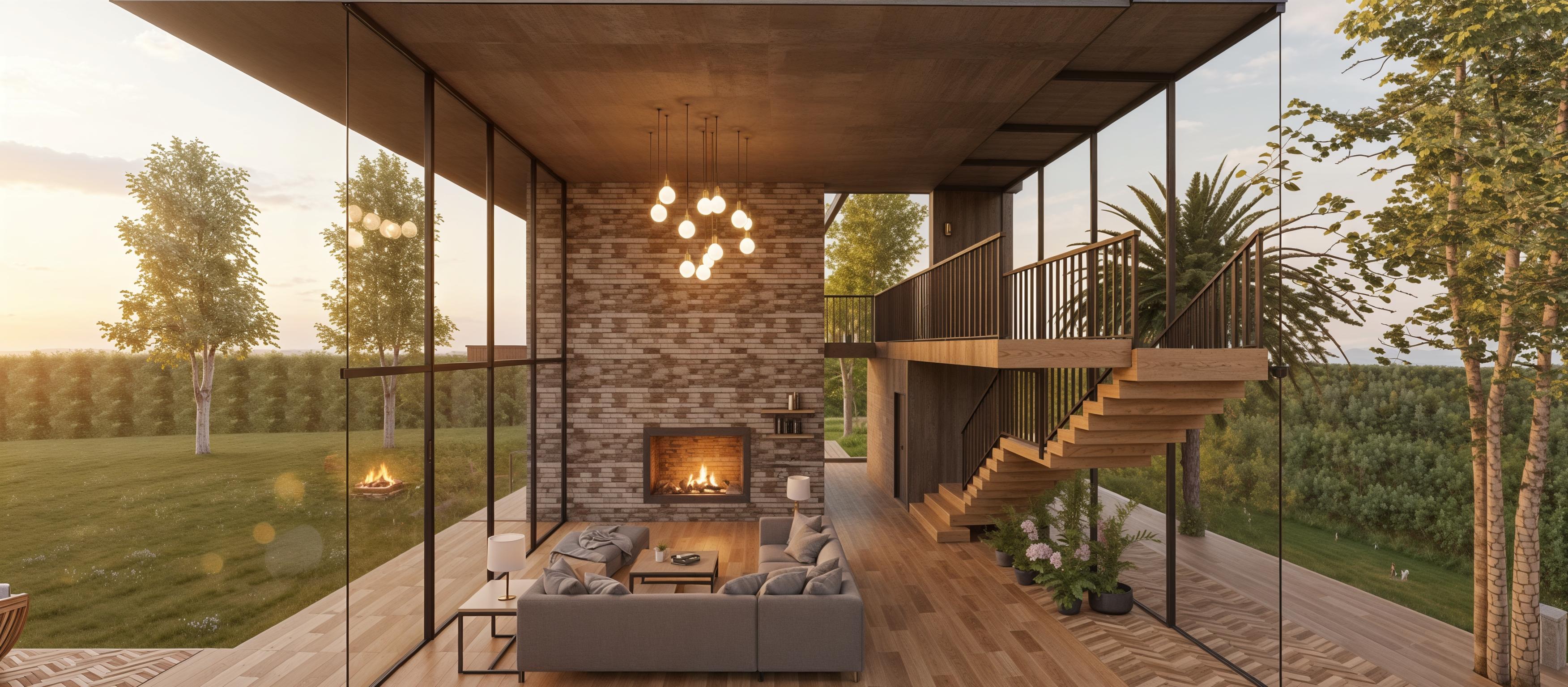 An incredibly lifelike, richly detailed, photorealistic architectural photo of a double-height living room in a rustic house, set in a vibrant spring environment. The scene is illuminated by the warm, golden hues of sunset, creating a cozy and inviting atmosphere. Captured with a wide-angle lens, emphasizing the expansive volume of the space and the interplay of natural and artificial light. The primary materials are exposed brick, rough-hewn wood, and large expanses of glass, which offer views of lush greenery and birch trees outside. Rustic wooden beams and pillars extend through the double-height space, supporting a concrete ceiling. In the living area, a modern sectional sofa with grey upholstery faces a fireplace set into a prominent brick wall, above which hang a cluster of contemporary pendant lights. Adjacent to the fireplace, wooden shelves hold decorative items. The flooring is a warm-toned wood, laid in a brick pattern, adding to the rustic charm. A striking feature is the open-riser staircase with wooden treads and railings, leading to a mezzanine level that overlooks the living area. Potted plants, including bamboo and flowering varieties, are strategically placed on the ground floor and on integrated planters along the mezzanine's edge, softening the industrial feel and enhancing the connection to the surrounding nature.