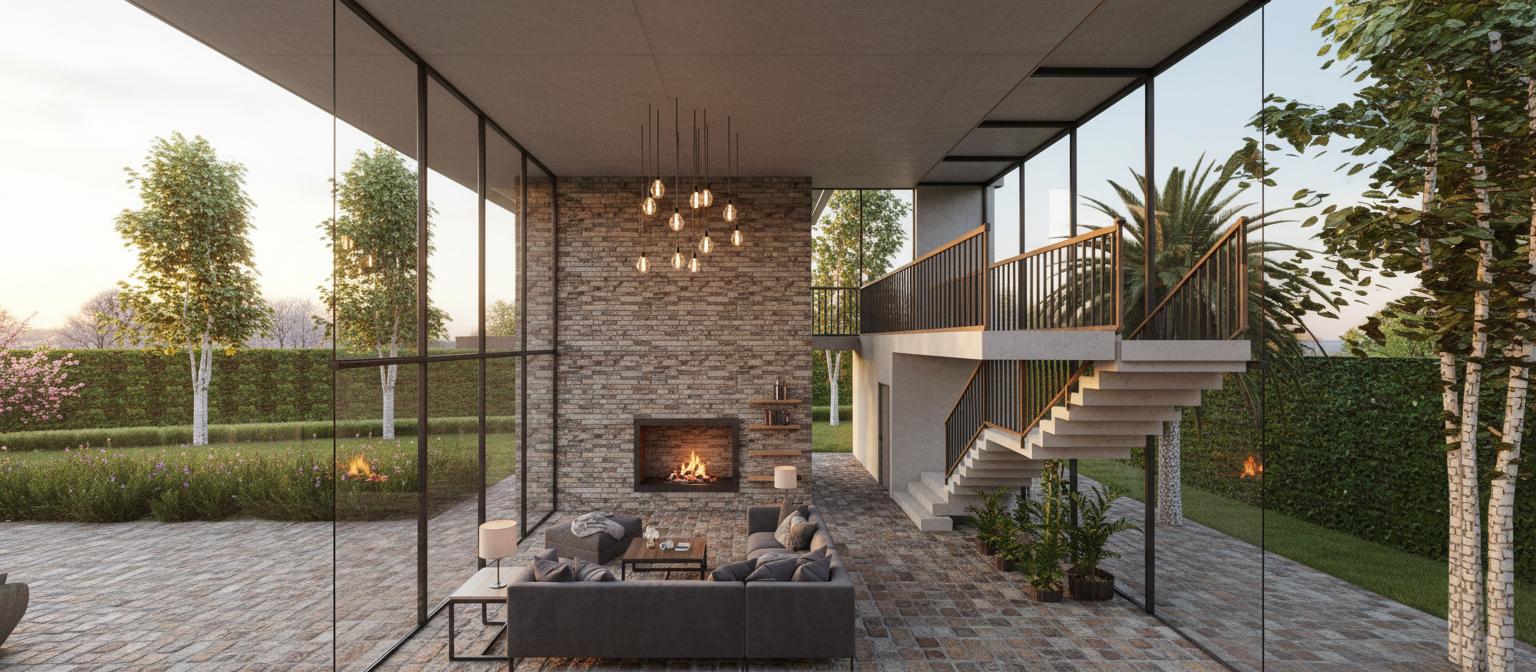 An incredibly lifelike, richly detailed, photorealistic interior photo of a double-height living room set in a rustic, spring environment. The scene is illuminated by the warm glow of a sunset filtering through the expansive glass walls, creating a soft, inviting atmosphere. Captured with a wide-angle lens, emphasizing the dramatic scale and the interplay of textures. The rough, textured cobblestone floor grounds the space with earthy tones, while exposed brick on the central fireplace adds to the rustic charm. The minimalist concrete ceiling and smooth, cool-toned stone accents on the staircase provide a contemporary contrast. A plush sectional sofa in a deep grey anchors the seating area, complemented by a textured ottoman and a sleek coffee table. Upstairs, a wooden banister on the balcony suggests a loft-like feel, overlooking the main living space. Lush greenery outside, including birch trees and manicured hedges, softens the modern lines of the architecture, hinting at a serene, natural setting. The overall impression is one of comfortable, understated elegance, where natural materials and abundant light create a welcoming sanctuary.