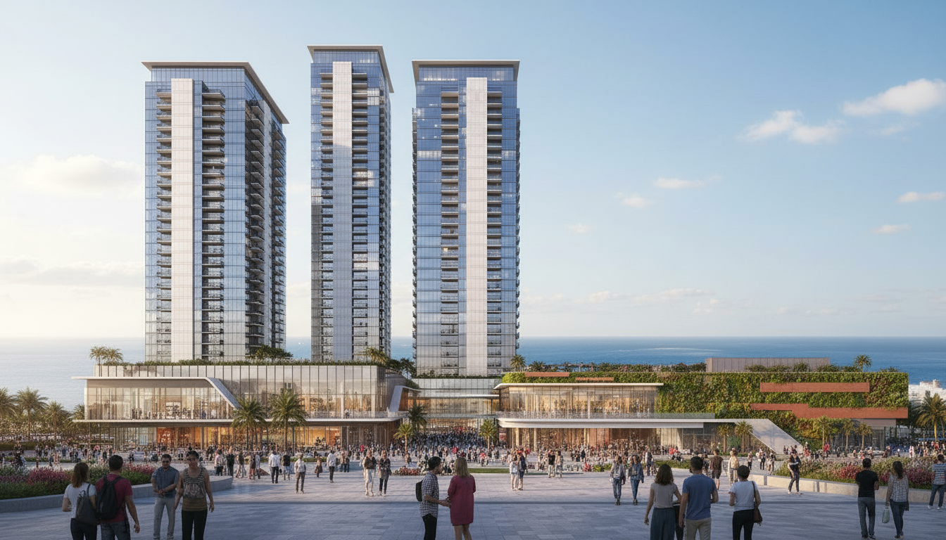 An incredibly lifelike, richly detailed, photorealistic architectural photo of a modern mixed-use development set in a bright, coastal environment. The scene is illuminated by the soft, warm light of late afternoon, creating a welcoming and sophisticated atmosphere. Captured with a wide-angle lens, emphasizing the striking contrast between the sleek towers and the vibrant, organic elements of the podium and landscaping.

Two towering glass and steel residential buildings dominate the skyline, their facades reflecting the clear, pale blue sky. Each tower is clad in a light-colored, textured material at its upper sections, adding a subtle richness to their minimalist forms. Floor-to-ceiling windows wrap around the buildings, punctuated by slender black balconies that promise breathtaking views. These buildings rise from a dynamic, multi-level podium that houses retail and entertainment spaces.

The podium is a testament to contemporary design, featuring expansive stretches of glass that reveal bustling interior activity. One section boasts a dramatic white tensile roof structure, supported by slender poles, casting intricate shadows. Adjacent to this, a vibrant living wall bursts with lush green foliage, interspersed with warm, terracotta-colored panels, adding a natural, breathable aesthetic. Below, large glass storefronts showcase fashionable boutiques and inviting dining establishments, with a diverse crowd of pedestrians milling about,