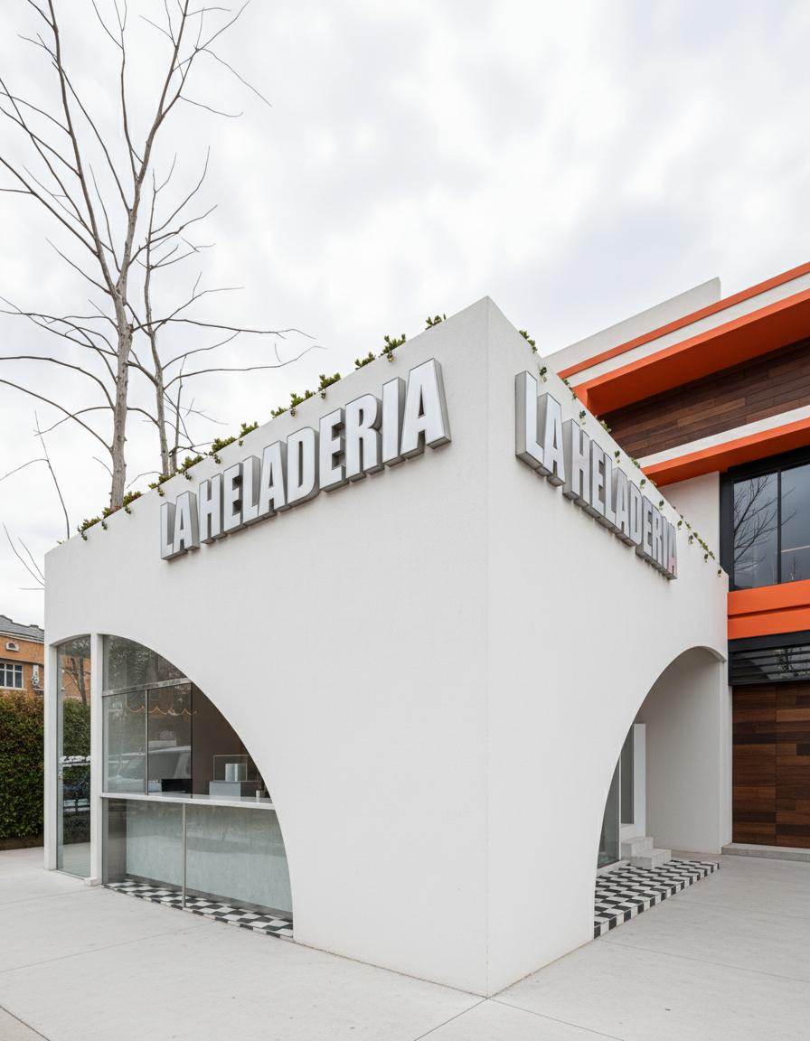 An incredibly lifelike, richly detailed, photorealistic architectural photo of a charming ice cream shop facade, bathed in the soft, diffused light of an overcast day, creating a slightly somber yet inviting atmosphere. The building features a clean, white stucco exterior with prominent, arched openings revealing glimpses of a cool, minimalist interior hinted at by the checkerboard tiles on the floor. Large, silver lettering spelling "LA HELADERIA" adorns the building's upper edge, softened by a scattering of green succulents. To the right, a more contemporary extension with bold orange accents and dark wood paneling contrasts with the vintage feel of the main structure, suggesting a blend of old and new. The perspective, taken from a low angle, emphasizes the building's form against a backdrop of a bare-branched tree and a cloudy sky. Reflections in the glass storefronts are subtle, adding depth without distraction. The overall impression is one of a quaint, perhaps slightly nostalgic establishment, aiming for a timeless appeal, trending on Pinterest for its unique aesthetic.