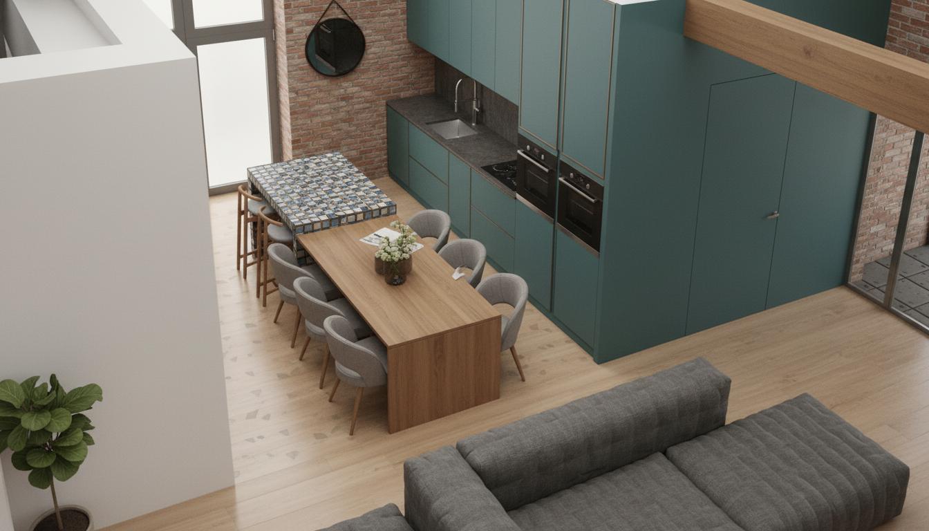 An incredibly lifelike, richly detailed, photorealistic interior photo of a living room and open-plan kitchen, set within a stylish, modern loft apartment. The scene is illuminated by natural light streaming in from large windows, highlighting the textured brick walls and creating a warm, inviting atmosphere with subtle vintage undertones. Captured with a wide-angle lens, emphasizing the interplay of contrasting materials and colors – the rough brickwork against sleek, teal cabinetry, and the warm wood tones of the dining table and structural beams against the cool, gray textured wall. The composition draws the eye from the comfortable, overstuffed sectional sofa in the foreground, past the elegant wooden dining set and the chic, mosaic-topped breakfast bar, towards the meticulously organized kitchen with its dark countertops and integrated appliances. A lone potted plant adds a touch of natural vibrancy, while the subtle reflections on the polished floors hint at a spacious, airy volume. The overall impression is a perfectly curated space that blends industrial charm with contemporary comfort, a look that's truly trending on Pinterest.