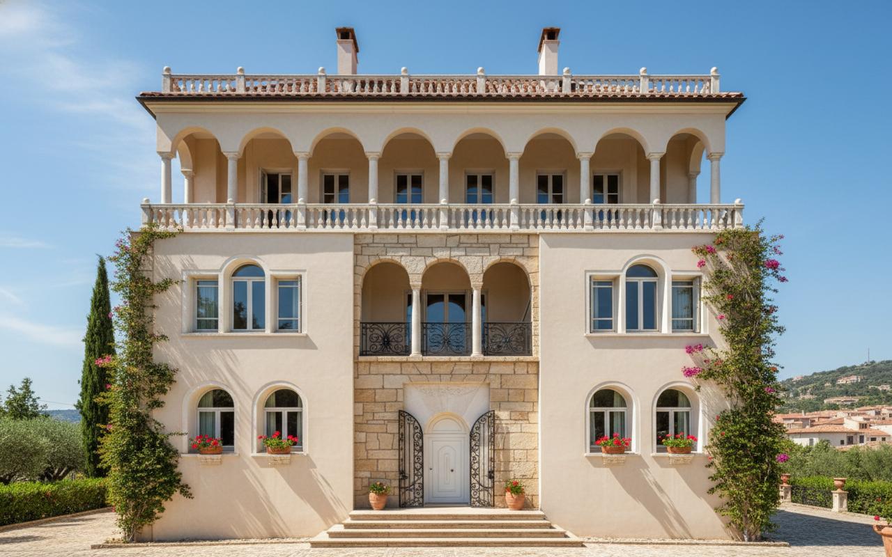 An incredibly lifelike, richly detailed, photorealistic architectural photo of a grand, multi-story villa exterior set against a clear, azure summer sky. The scene is illuminated by the bright, high midday sun, creating a crisp, slightly warm atmosphere that emphasizes the textures and historical character of the building. Captured with a wide-angle lens, potentially a Canon EOS 5D Mark IV with a 24-70mm f/2.8 lens, the composition draws the eye to the symmetrical facade, highlighting the interplay of materials and architectural elements. The building features a stucco exterior with a subtle, textured finish, accented by rough-cut stone blocks around the central entrance and the second-floor loggia.

The villa's design is reminiscent of Mediterranean Revival or Italianate styles, with a prominent tiled roof and ornate balustrades. The facade is organized into distinct levels: the ground floor boasts a detailed wrought-iron gate leading to a white double door, flanked by arched windows on the sides and small planters. Above this, a stone segment features three arched openings with decorative iron balconies, hinting at a loggia. The upper levels are characterized by classical arched windows on the sides and a second-floor loggia with seven arches supported by Tuscan columns. A