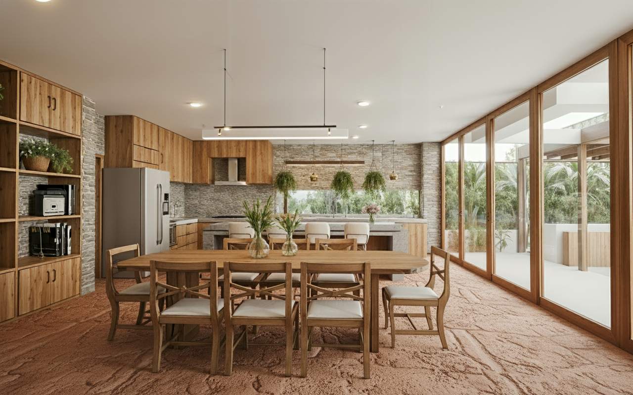 An incredibly lifelike, richly detailed, photorealistic architectural photo of a rustic kitchen and dining area set within a modern home with large glass walls. The scene is illuminated by a combination of soft, diffused interior lighting and natural light filtering in from the glass exterior, creating a warm and inviting atmosphere. Captured with a wide-angle lens, emphasizing the spaciousness and the interplay of natural and built elements.

The design features an open-plan layout that seamlessly integrates the kitchen, dining area, and a living space visible through the glass. The architectural style leans towards rustic modern, with a strong emphasis on natural materials and textures. The kitchen boasts a rugged concrete countertop, a central island with bar seating, and wooden cabinetry with a rough-hewn finish, aligning with the "MUBLES DE MADERA RUGOSA" and "ESTILO RUSTICO" descriptors. The stone wall behind the kitchen adds to the tactile, earthy feel.

In the foreground, a substantial wooden dining table with distressed detailing and matching chairs, all in a rough, weathered wood, anchors the dining space. This "MAMPARA DE MADERA" dining set is surrounded by "PISO DE ARCILLA ROJIZA" tiles, which are rich in color and texture, further enhancing