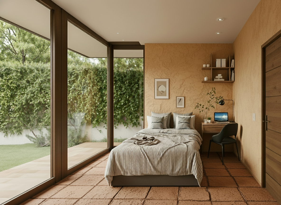 An incredibly lifelike, richly detailed, interior photo capturing a rustic bedroom bathed in soft, natural light. The scene is illuminated by the gentle glow filtering through large wooden-framed glass panels on the left, revealing an exterior wall of lush, dense greenery. This natural light creates a warm and inviting atmosphere. Captured with a wide-angle lens, emphasizing the interplay of textures and colors, the perspective draws the viewer into the space. The floor, rendered in a rough, reddish clay tile, provides a grounded, earthy foundation. A generously sized bed, dressed in a striking duvet with contrasting stripes and plush patterned pillows, is the focal point. To the right, a minimalist desk with a laptop and a tasteful potted plant complements the peach-toned accent wall, adorned with two pieces of abstract art. A modern, sleek chair provides a touch of contemporary contrast to the room's rustic charm. The dark wooden frames of the extensive glass doors and windows anchor the design, offering seamless integration with the outdoors.