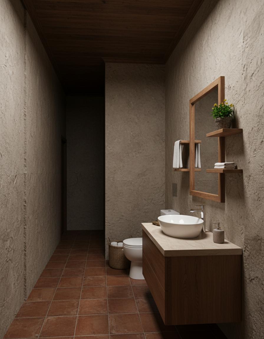 An incredibly lifelike, richly detailed, photorealistic interior photo of a rustic bathroom. The scene is illuminated by soft, ambient light filtering in from an unseen source, creating a warm and inviting atmosphere. Captured with a wide-angle lens, emphasizing the practical yet stylish design of the space.

The walls feature a rough, textured finish in a muted, earthy tone, suggestive of natural stone or aged plaster, embodying the "finished rugoso" aesthetic. This rugged texture is complemented by a dark, rich wood-paneled ceiling that adds a touch of depth and warmth, enhancing the rustic appeal. The floor is laid with large, square tiles in a deep, terracotta hue, their slightly uneven surface adding to the tactile, artisanal feel of the room.

Dominating the center of the space is a sleek, modern vanity crafted from warm-toned wood. Its minimalist design features clean lines with visible wood grain, offering a beautiful contrast to the textured walls and floor. A smooth, white vessel sink sits atop the vanity, its pristine surface drawing the eye. To the right of the sink, a simple, wooden-framed mirror with two small shelves attached creates a functional focal point, adorned with a potted plant featuring vibrant green leaves and yellow flowers. Adjacent to the vanity is a