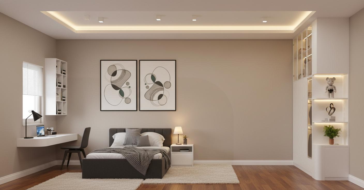 An incredibly lifelike, richly detailed, photorealistic interior photo of a bedroom set in a modern urban dwelling. The scene is illuminated by soft, ambient light emanating from recessed ceiling fixtures and accent lighting within a display cabinet, creating a warm and inviting atmosphere. Captured with a wide-angle lens, emphasizing the clean lines of the furniture and the interplay of textures, from the smooth, lacquered finish of the desk to the plush weave of the rug and the rich grain of the hardwood flooring. The composition draws the eye across the well-appointed space, showcasing a comfortable bed with a textured headboard, flanked by a sleek nightstand. To the left, a minimalist desk integrated with shelving creates a functional workspace, bathed in the soft light filtering through blinds. On the right, a tall, modern wardrobe with integrated display shelves, illuminated with a golden glow, houses decorative items, adding personality. The walls are painted in calming, muted tones, adorned with abstract art that complements the overall aesthetic. The space exudes a sense of understated elegance and thoughtful design, a perfect retreat for relaxation and personal expression.