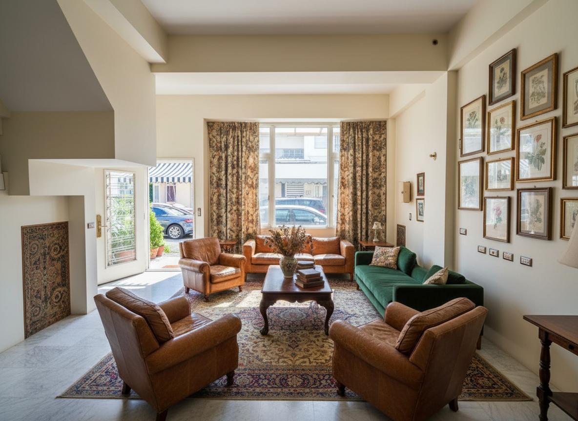 An incredibly lifelike, richly detailed, interior photo of a vintage living room set in a suburban home. The scene is illuminated by bright midday summer light, casting sharp shadows and creating an airy, nostalgic atmosphere. Captured with a wide-angle lens, emphasizing the polished marble floors and the deep tones of the vintage furniture. The original design, with its stark white walls and minimal furnishings, is reimagined into a warm, inviting space that breathes vintage charm.  The cool marble floors are now softened with a large, plush Persian rug in muted jewel tones. The dark grey sectional sofa is replaced by a collection of overstuffed armchairs upholstered in a rich, worn leather and a velvet chaise lounge in a deep emerald green.  A dark mahogany coffee table, with intricate carvings, anchors the seating area, adorned with a stack of antique books and a ceramic vase filled with dried wildflowers. The black-framed window is now framed with heavy, damask curtains in a faded tapestry print, adding a layer of texture and historical depth.  The stark white walls are painted a warm, creamy off-white, and a gallery wall of framed vintage botanical prints and sepia-toned family photographs now adorns the opposite wall, creating focal points and adding personality.  The open doorway is