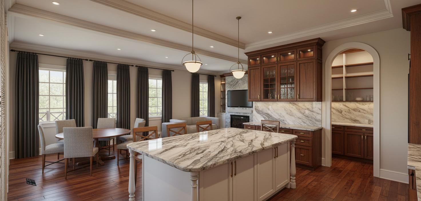 An incredibly lifelike, richly detailed, photorealistic interior photo of a spacious kitchen and living area rendered in a vintage style, set within a grand, traditional home. The scene is illuminated by the warm glow of pendant lights and the soft, natural light streaming through tall, multi-paned windows, creating a cozy and inviting atmosphere. Captured with a wide-angle lens, the rendering emphasizes the rich textures of the dark wood flooring, the detailed cabinetry, and the variegated marble countertops and backsplash. Tall, floor-to-ceiling dark curtains with a sophisticated pinstripe pattern frame the windows, adding a touch of vintage elegance. In the foreground, a grand island with a granite countertop serves as a central gathering point, flanked by traditional wooden chairs. Beyond, a comfortable sectional sofa faces a fireplace, subtly hinting at the adjacent living space. The rich, dark wood cabinetry extends across the back wall, featuring glass-fronted display cabinets and intricate detailing, further cementing the vintage aesthetic. The overall composition draws the eye through the open-plan space, showcasing the seamless blend of functional kitchen elements with comfortable living room features, all presented with a timeless, aspirational quality that is trending on Pinterest.