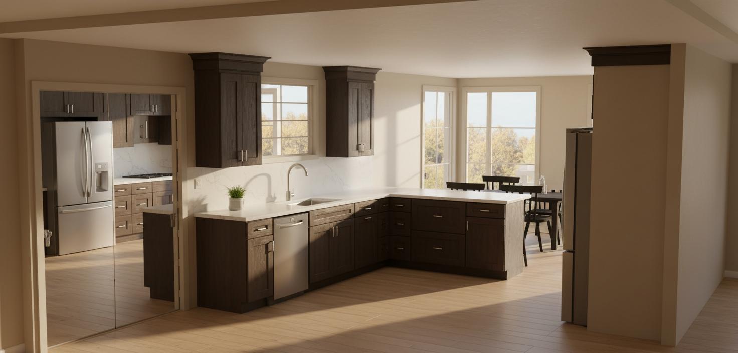 An incredibly lifelike, richly detailed, photorealistic interior photo of a rustic kitchen bathed in the warm, diffuse light of a midday autumn sun, creating a cozy and inviting atmosphere. Captured with a wide-angle lens, the scene emphasizes the rich textures of the Shaker-style, dark wood cabinetry contrasted against the clean, white quartz countertops. Sunlight streams through large, gridded windows and a set of glass-paneled doors, casting soft shadows on the light-colored hardwood floors, highlighting their natural grain. The L-shaped counter features a deep sink and integrated dishwasher on one side, while a central island provides ample prep space and storage with its drawers and cabinets. Across the room, a dark wood dining table with black chairs hints at a communal gathering space, further enhanced by the adjacent tall, dark refrigerator. The overall composition draws the eye into the heart of the kitchen, showcasing its functional layout and rustic charm, a scene that feels both timeless and trending on Pinterest.
