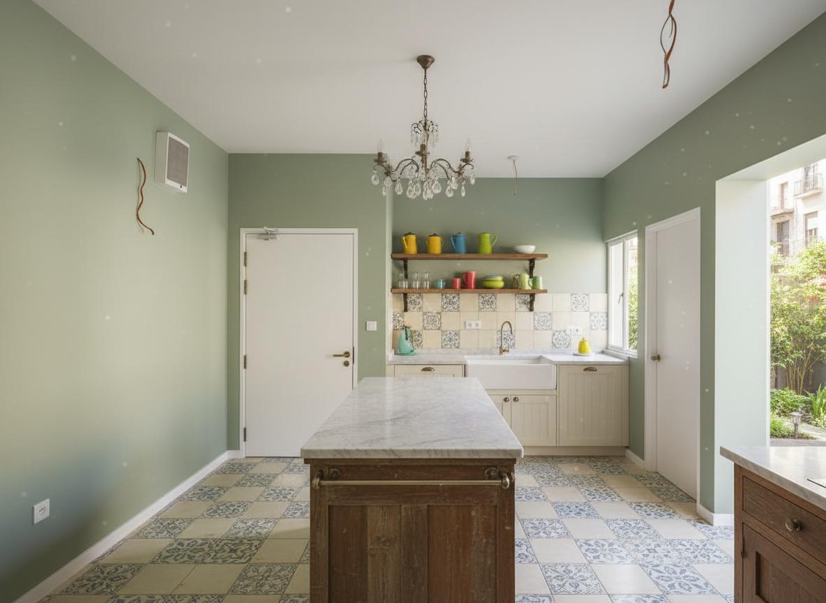 An incredibly lifelike, richly detailed, photorealistic interior photo of a kitchen set in a modern apartment. The scene is illuminated by bright, natural light streaming in from a large window, creating a warm and inviting atmosphere. Captured with a wide-angle lens, emphasizing the textures of worn wood, soft linen, and vintage ceramic tiles, this shabby chic kitchen exudes a comforting and lived-in charm. The walls are a soft, muted sage green, contrasting with creamy white Shaker-style cabinets adorned with antique brass hardware. A rustic, reclaimed wood island takes center stage, topped with a thick slab of marble, while a collection of brightly colored vintage enamelware and mismatched ceramic pitchers are displayed on open shelving. The floor is a mosaic of slightly distressed, hand-painted tiles in shades of cream and faded blue. Overhead, a wrought-iron chandelier with delicate glass prisms casts a soft glow. Two windows flank the main kitchen area, allowing for cross-ventilation and providing glimpses of a sun-drenched urban garden below, adding a romantic and tranquil ambiance. The overall impression is one of cozy sophistication, a space that feels both elegant and incredibly personal.