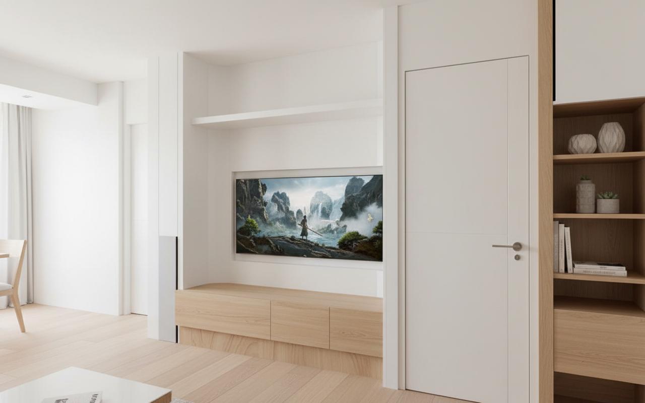 An incredibly lifelike, richly detailed, photorealistic interior photo of a living room set in a contemporary urban dwelling. The scene is illuminated by soft, diffused natural light streaming in from an unseen window, creating a warm and inviting atmosphere. Captured with a wide-angle lens from a slightly low perspective, it emphasizes the clean lines and minimalist aesthetic of the shabby chic interior design. The dominant materials are light-toned wood and matte white surfaces, lending a sense of airy spaciousness. A large flat-screen television is centrally mounted, displaying a dramatic fantasy landscape, while a low-profile wooden cabinet with subtle horizontal detailing sits beneath it. To the right, a seamlessly integrated white door with minimalist hardware is visible, next to an open shelving unit showcasing light wood interiors. The flooring is a pale, wide-plank wood, contributing to the overall serene and uncluttered feel of the room. The composition draws the eye through the space, highlighting the functional elegance and the subtle textures that define this stylish, trending on Pinterest, living room.