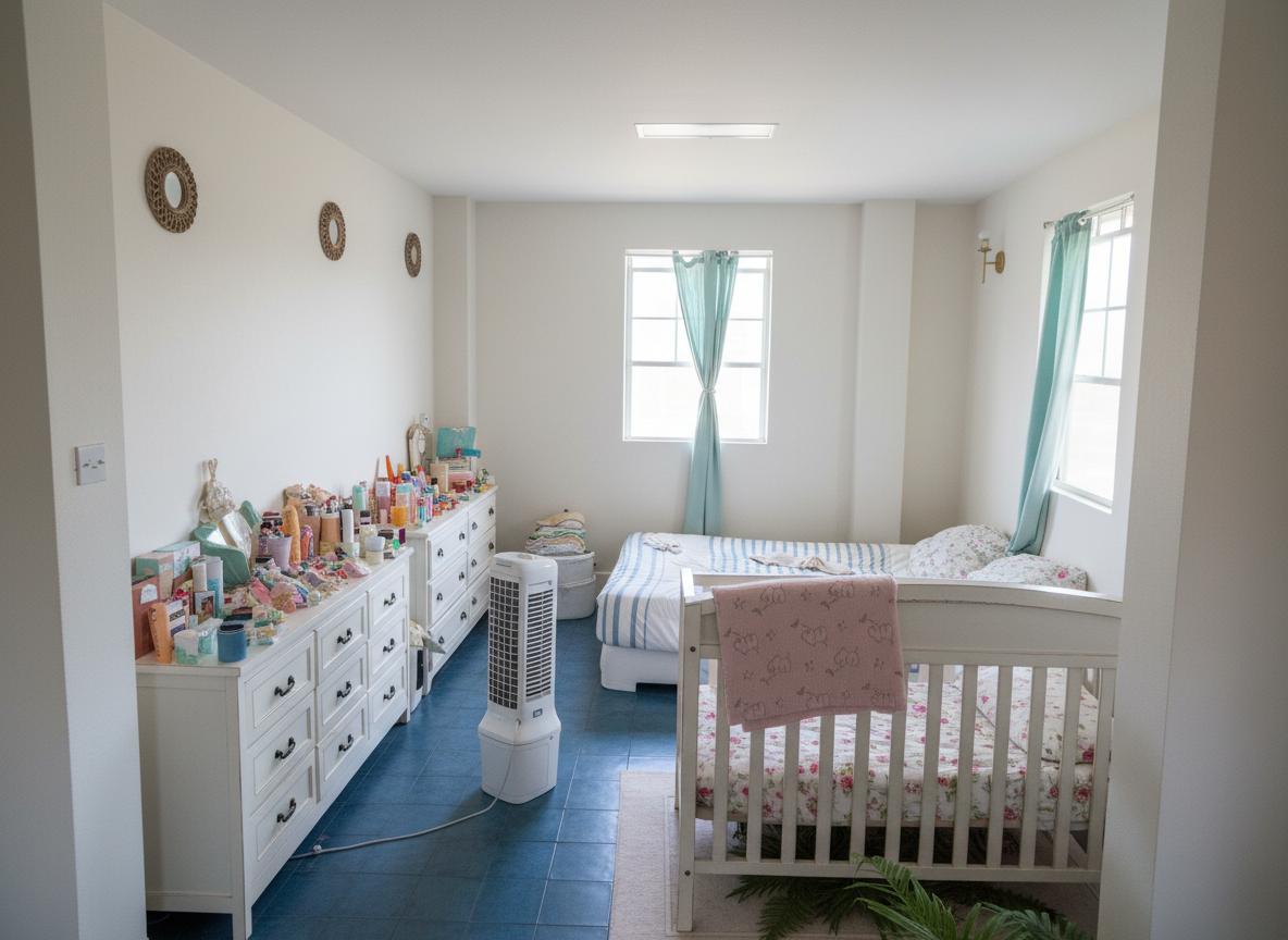 An incredibly lifelike, richly detailed interior photo of a serene bedroom. The scene is illuminated by soft, diffused natural light streaming in through two elegantly draped, light teal curtains, creating a tranquil and airy atmosphere. Captured with a wide-angle lens, emphasizing the room's spaciousness and the charming textures of shabby chic design. The walls are a soft, off-white, complemented by ornate, woven wall decor that adds a touch of rustic elegance. Two white cribs, one dressed in delicate floral bedding and a pale pink blanket, the other featuring classic blue and white stripes, anchor the sleeping area. To the left, an extensive white dresser with dark, vintage-inspired hardware is gracefully adorned with a curated collection of toiletries and whimsical decorative items. The floor boasts a unique, deep blue patterned tile, adding visual interest without overwhelming the space. The overall impression is one of gentle comfort and understated beauty, a space designed for rest and dream-filled nights, trending on Pinterest for its enchanting shabby chic aesthetic.