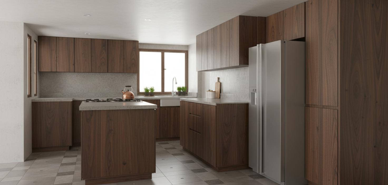 An incredibly lifelike, richly detailed, photorealistic interior photo of a rustic kitchen set in a modern home. The scene is illuminated by soft, ambient light streaming in from a large casement window, casting gentle shadows and creating a warm, inviting atmosphere. Captured with a wide-angle lens, emphasizing the rich wood grain of the dark walnut cabinetry and the subtle speckling of the quartz countertops, making them appear tactile and luxurious. The composition showcases a functional yet stylish layout, with a central island featuring a built-in gas range and ample counter space. The dark, vertical lines of the upper and lower cabinets create a sense of height and depth, contrasting beautifully with the muted grey tiled floor. A sleek, stainless steel refrigerator stands tall against a bank of cabinetry, reflecting the light and adding a contemporary touch. The overall impression is one of understated elegance and timeless rustic charm, the kind of kitchen that feels at once lived-in and meticulously designed, trending on Pinterest for its aspirational blend of natural materials and modern functionality.