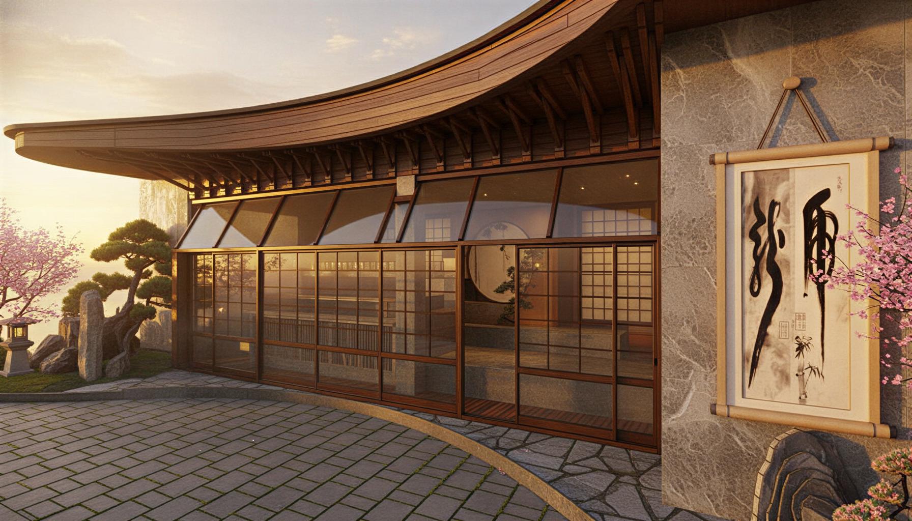 An incredibly lifelike, richly detailed, photorealistic architectural photo capturing an elegant modern fusion onsen complex at sunset during spring. The scene is illuminated by the warm, golden hues of the setting sun, casting long shadows and creating a serene, inviting atmosphere. Captured with a wide-angle lens, emphasizing the sleek, urban, and contemporary design, the image showcases a dynamic interplay of geometric volumes and bold, open-concept spaces. Smooth, metallic and wooden elements define the structure, with a minimalist yet impactful decor that contrasts with lush greenery strategically placed to soften the geometric forms. Abstract wall art in shades of black, white, and vibrant accents adorns understated walls, while the foreground reveals the textured detail of a cobbled pathway leading towards the building's entrance, hinting at the luxurious tranquility within.