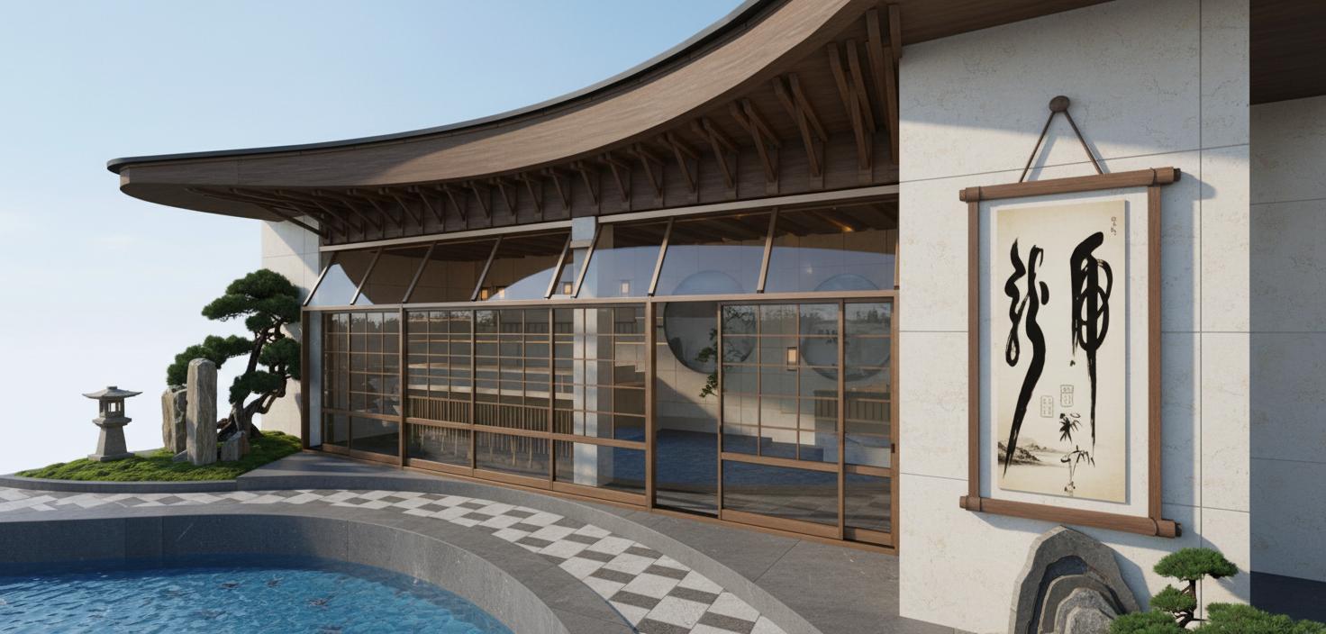 An incredibly lifelike, richly detailed, photorealistic architectural photograph of a modern fusion onsen seamlessly integrated into an urban spring landscape. The scene, captured at midday under a clear sky, showcases a building with a distinct Asian influence, featuring a sweeping, dark wood roof supported by an intricate timber frame. Large, segmented windows with a soft, diffused glow from within hint at a warm interior, while the exterior is clad in a textured, light-colored stone. A tranquil pool with crystal-clear blue water curves gracefully around a section of the building, bordered by a pathway of grey, geometrically patterned stones and smooth, dark grey concrete. To the left, a miniature Zen garden, complete with a stone lantern, weathered rocks, and a meticulously sculpted pine tree, adds a touch of natural serenity. The wall to the right is adorned with a striking scroll painting, featuring bold black calligraphy against a muted, aged background, suspended above a decorative rock formation and a miniature bonsai tree. The metallic and wooden elements combine with smooth surfaces and abstract wall art to create a sophisticated, minimalist aesthetic, punctuated by lush greenery and the vibrant accent of the bright blue water, evoking a clean, dynamic, and contemporary atmosphere. This shot, reminiscent of a high-end photography book, emphasizes the sleek,