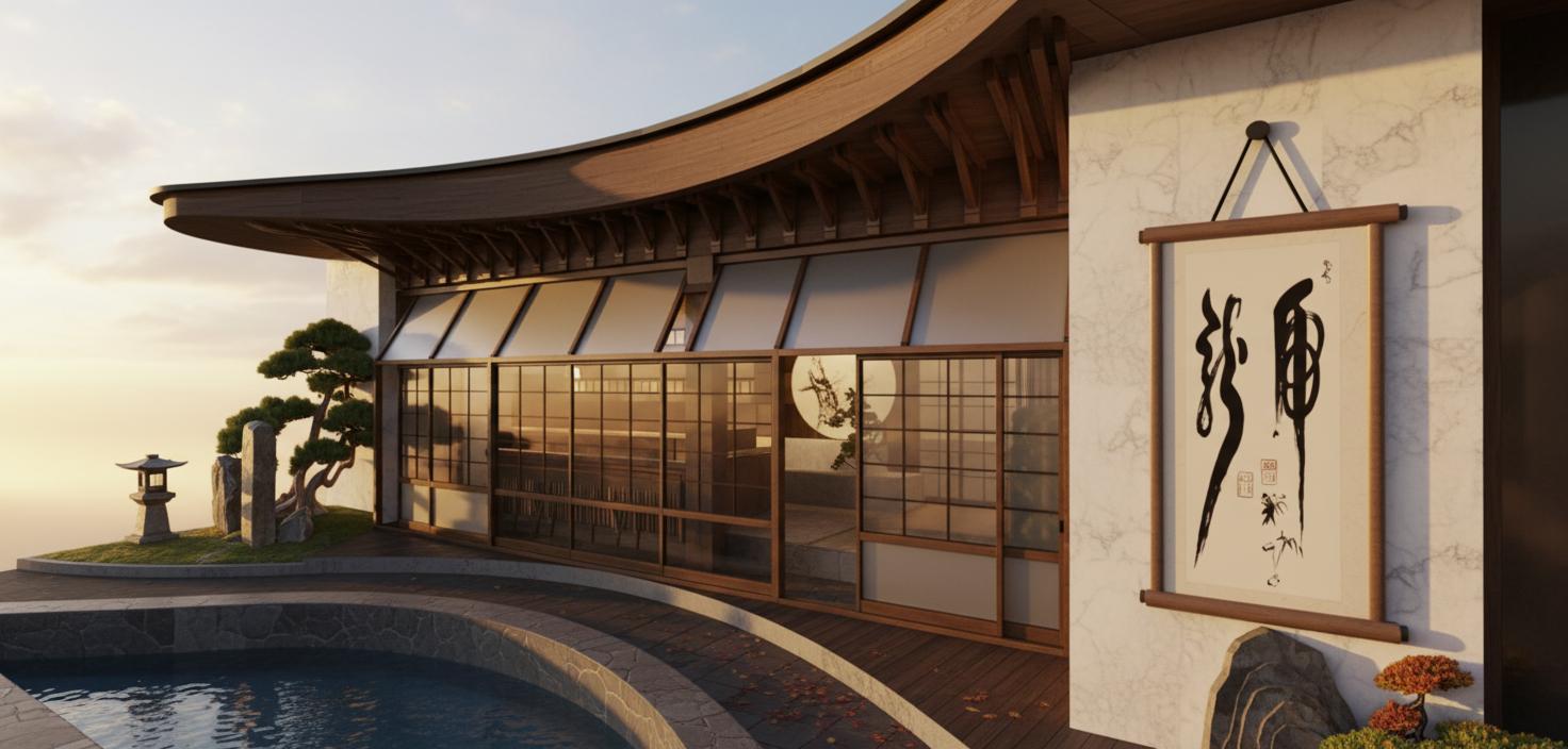 An incredibly lifelike, richly detailed, photorealistic architectural photograph of an exterior scene set in a serene, modern fusion landscape. The scene is illuminated by the warm,
golden hues of a sunset during autumn, casting long, dramatic shadows and creating a tranquil, sophisticated atmosphere. Captured with a wide-angle lens, the composition
elegantly frames a building with a distinctive, gracefully curved, dark wooden roof supported by a series of striking, intricate wooden beams. This architectural element
overhangs a facade featuring expansive, multi-paned windows with warm, indirect backlighting, suggesting an inviting interior. The building's walls are clad in a
luxurious, light-colored marble with subtle veining, offering a sleek contrast to the organic textures. To the left, a meticulously curated Japanese-inspired garden unfolds,
complete with a weathered stone lantern, carefully placed rocks, and a mature, sculptural bonsai tree, all nestled around a tranquil onsen. The foreground is defined by the
inviting, deep blue water of the onsen, bordered by an elegantly curved stone pathway and wooden decking. Hanging on the marble wall to the right, an abstract scroll painting
with bold calligraphy, rendered in shades of black and white, serves as a striking focal point, further