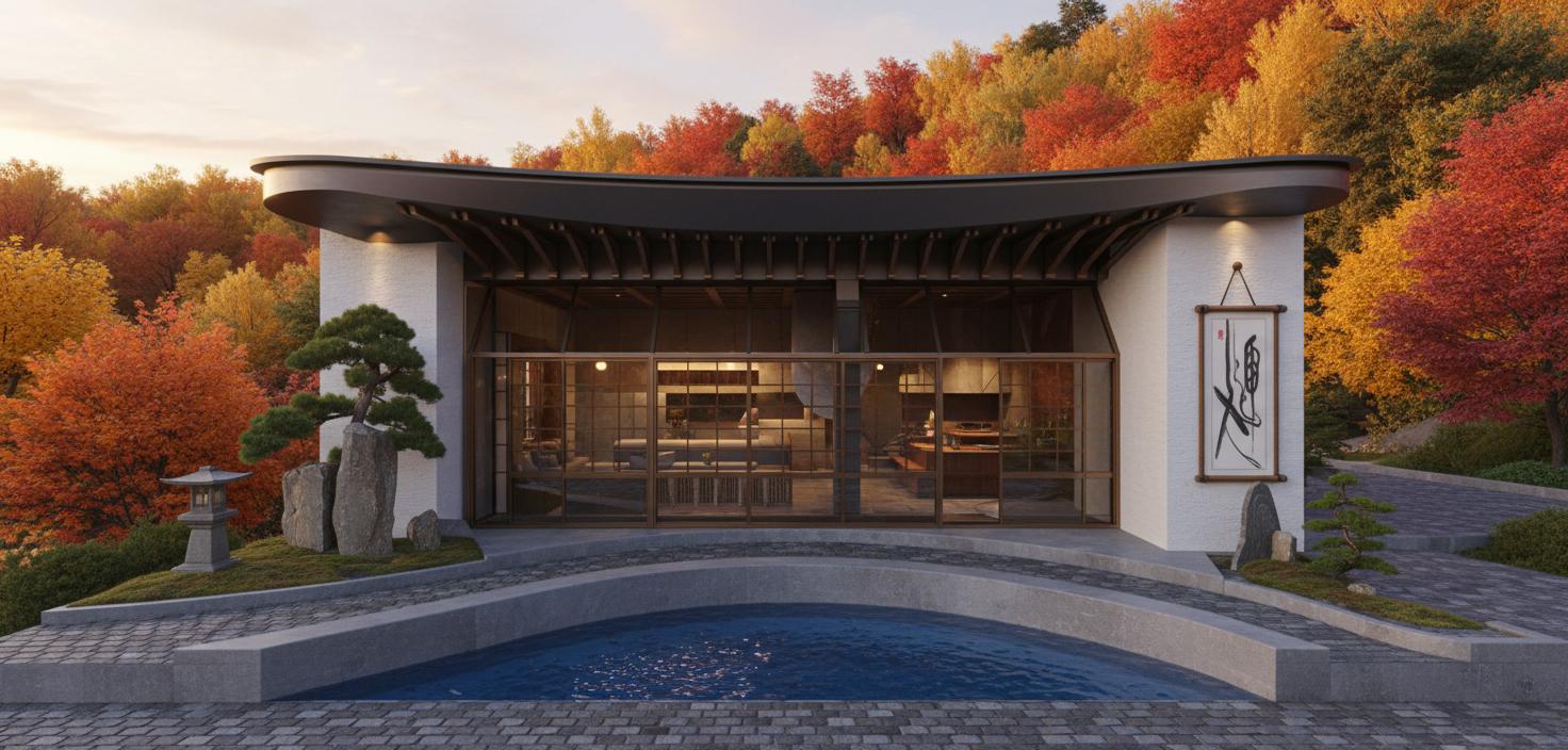 An incredibly lifelike, richly detailed, photorealistic architectural photograph of a serene onsen pavilion, blending modern fusion elements with traditional Japanese aesthetics, set within a tranquil autumn landscape. The scene is illuminated by the warm, diffused glow of a sunset, creating a contemplative and inviting atmosphere. Captured with a wide-angle lens, this shot emphasizes the sleek, urban, and dynamic composition of the structure, highlighting its geometric,modular design and open-concept layout. The pavilion features bold, contemporary lines softened by metallic and wooden elements, with smooth, high-contrast surfaces in shades of black, white, and with vibrant accents in the landscaping and interior. The interior, visible through expansive glass panels with traditional Shoji-inspired framing, suggests a minimalist yet impactful decor, with hints of rich wooden furnishings and subtly lit spaces. Lush greenery, including meticulously sculpted bonsai trees and moss-covered rocks, frames the pavilion, with cobblestone pathways and a shimmering, deep blue water feature evoking the essence of an onsen. The depth of field draws the eye towards the pavilion's inviting interior, while the striking architectural details, such as the gracefully curved roof and the abstract wall art scroll, are rendered with exquisite clarity, making this image feel like it belongs in a high-end architectural photography book